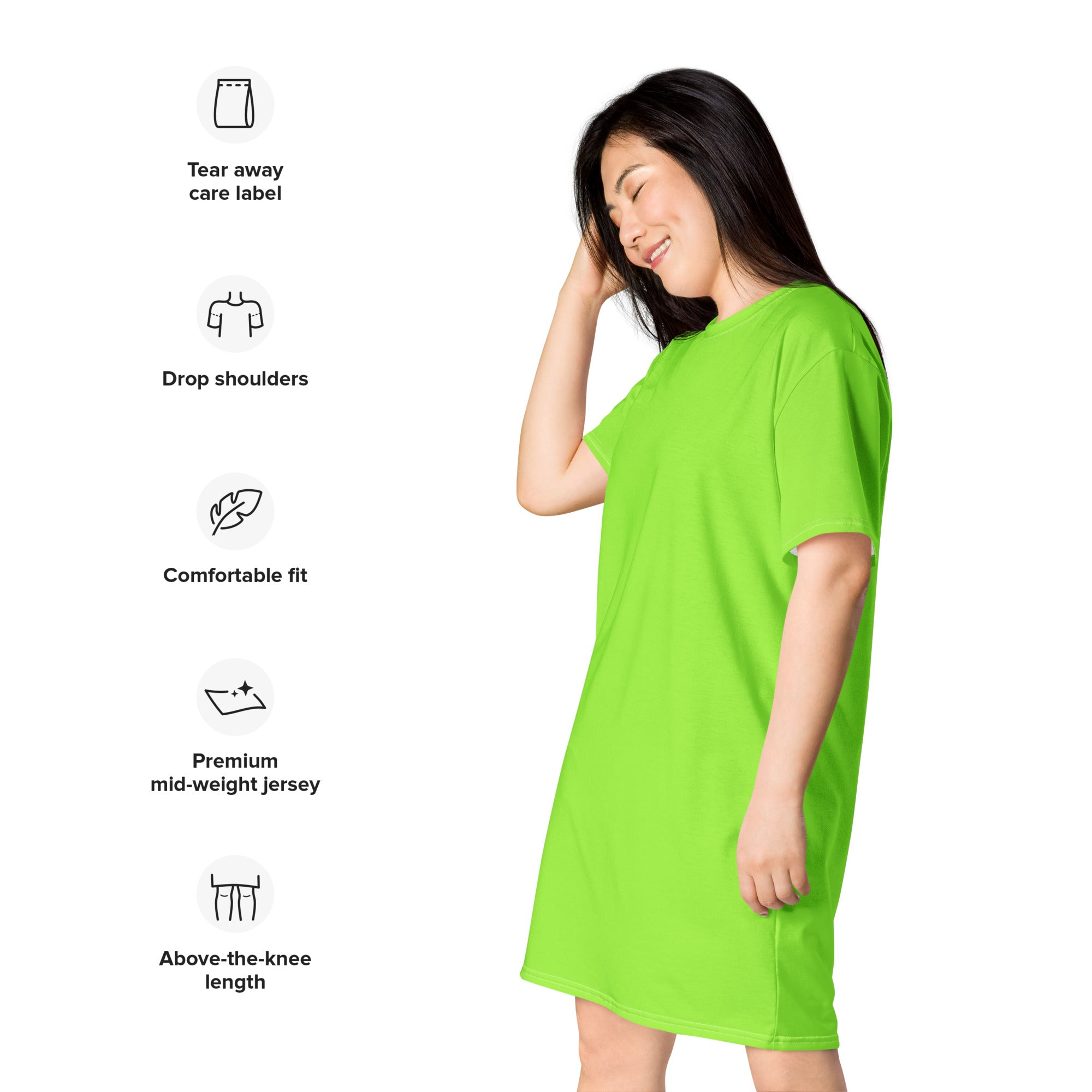 A vibrant lime green women’s t-shirt dress with short sleeves drop shoulders and above-the-knee length