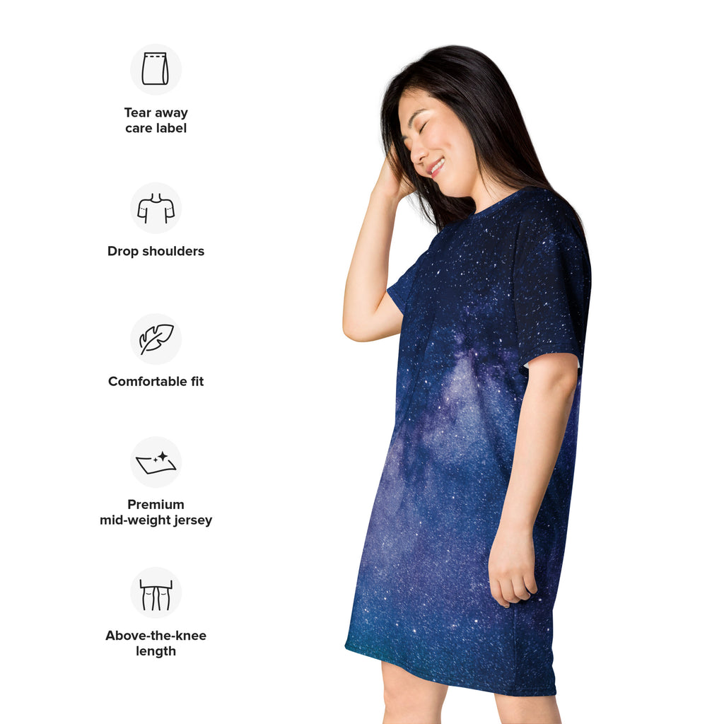 Women’s realistic galaxy t-shirt dress in navy blue with gradient indigo to light blue short drop shoulders above knee