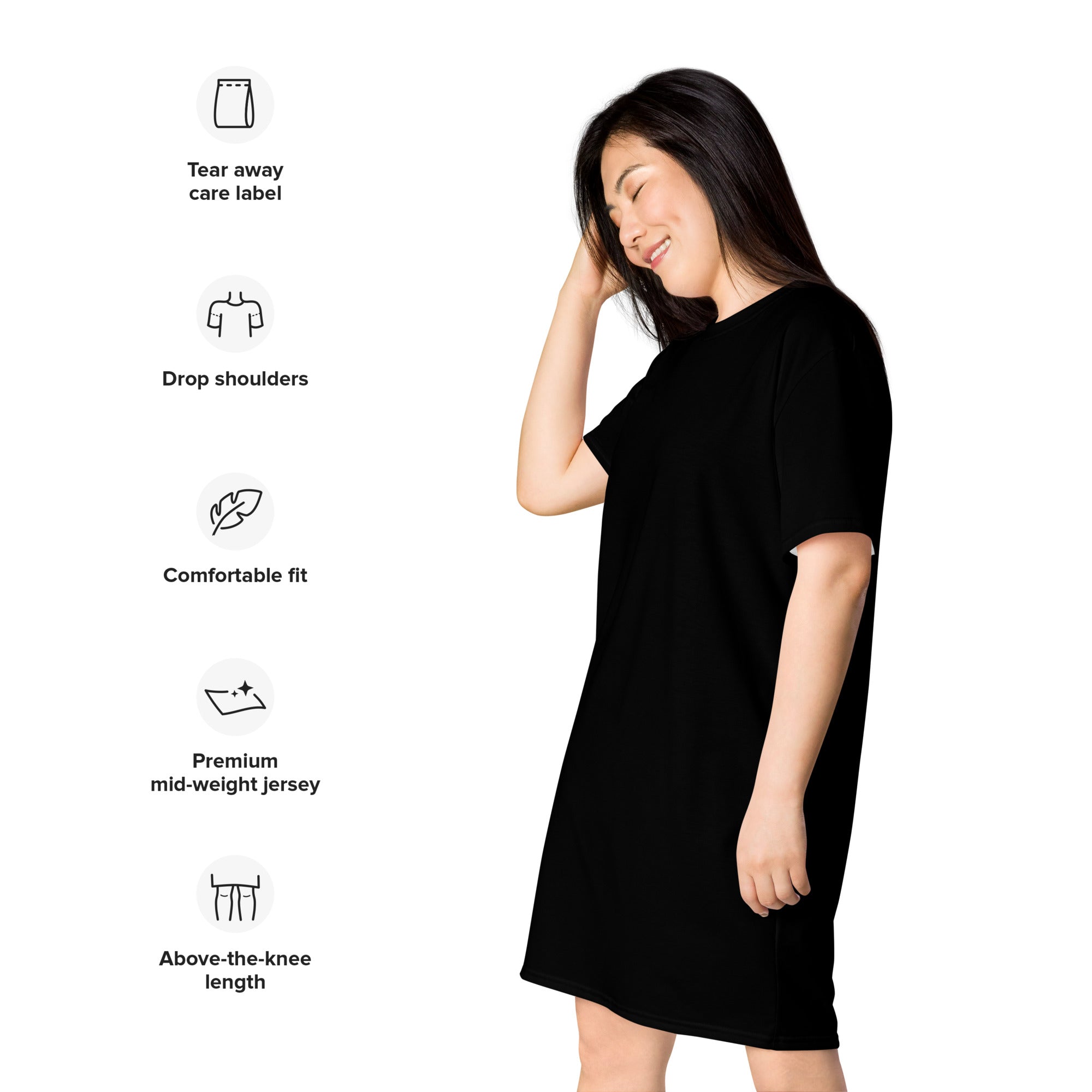 Women’s black t-shirt dress with drop shoulder made of premium mid-weight jersey featuring above the knee length