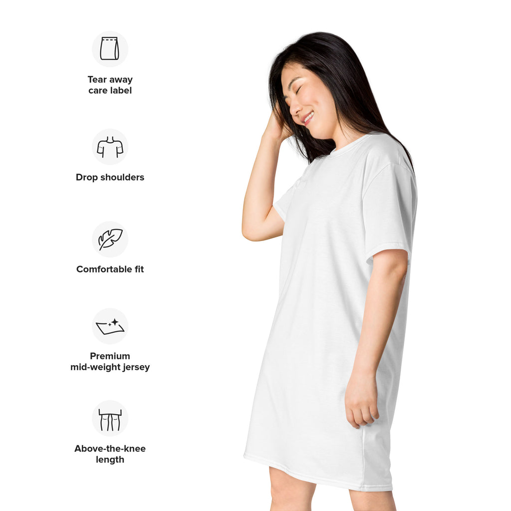 White drop shoulder t-shirt dress in premium mid-weight jersey above the knee length for women