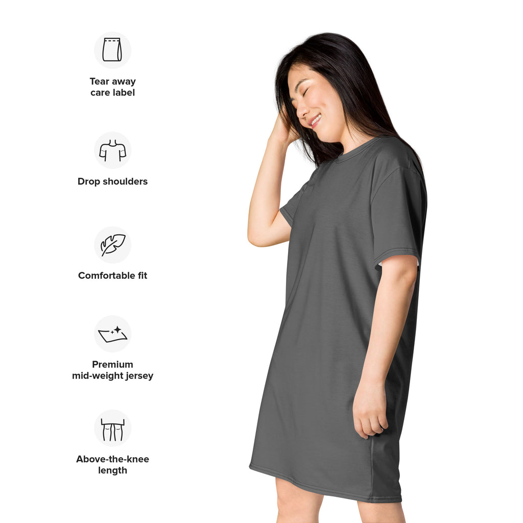 A soft dark gray drop shoulder tunic dress made from premium mid weight jersey fabric for women