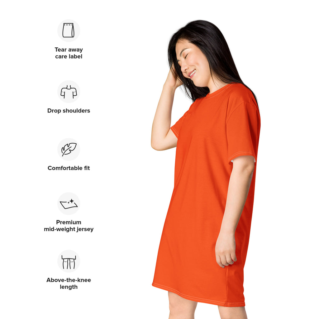 A vibrant orange women’s t-shirt dress with drop shoulders made from premium mid-weight jersey above the knee
