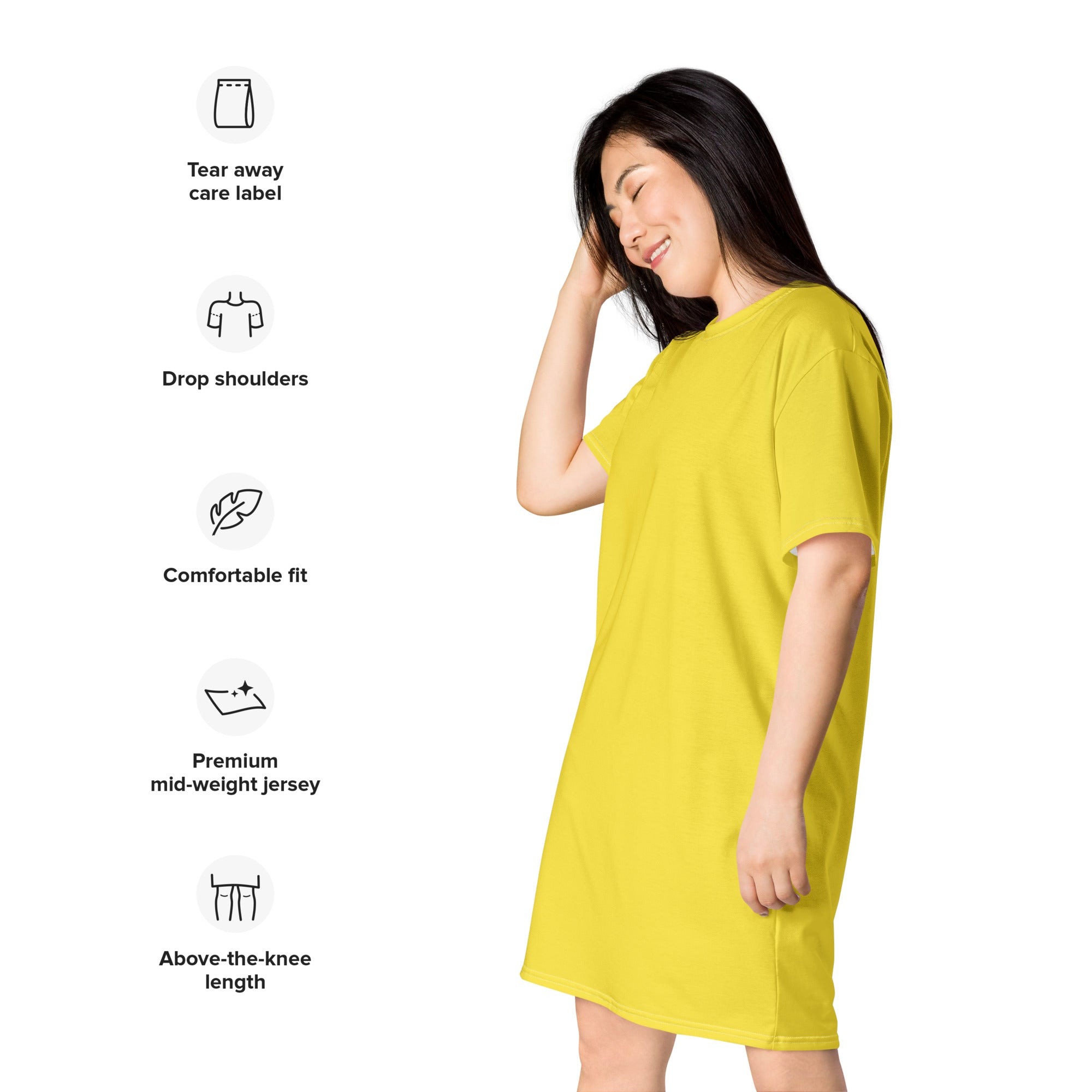 Women’s yellow t-shirt dress made from premium mid-weight jersey with drop shoulders and a comfortable fit
