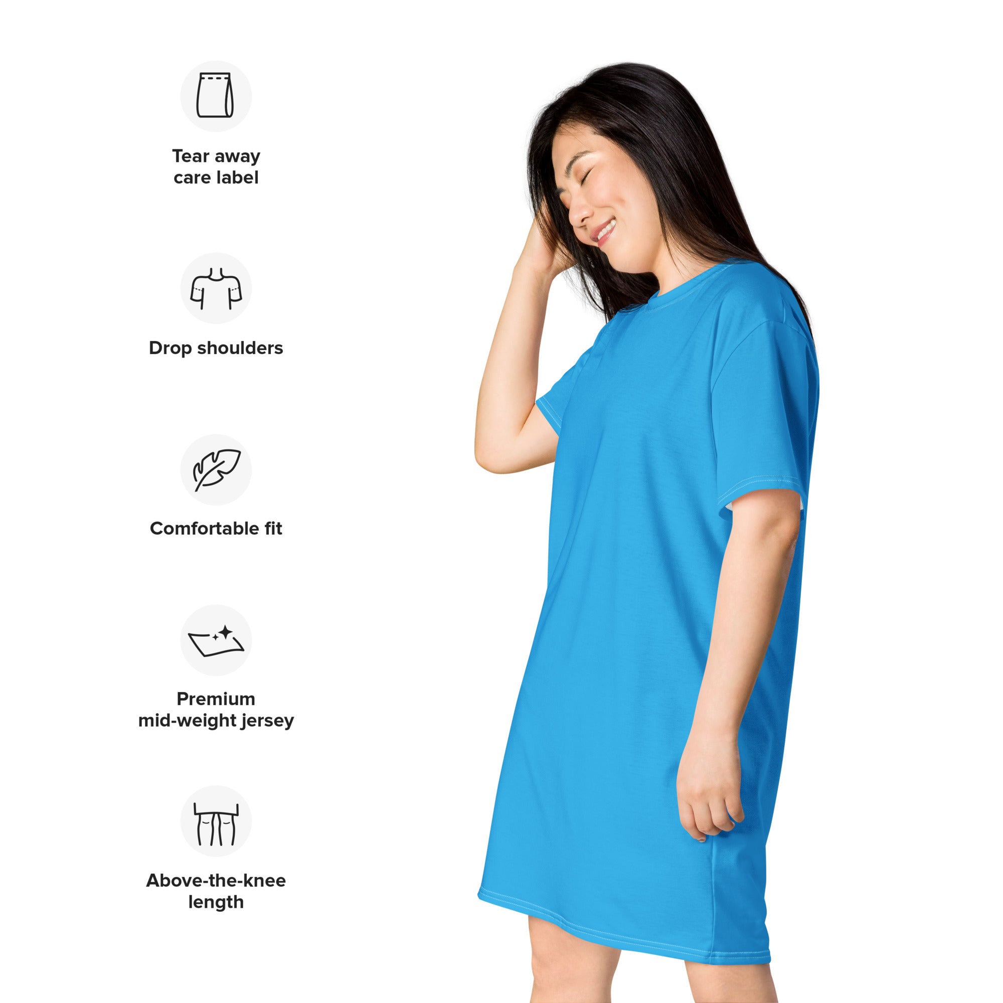 Women’s sky blue t-shirt dress in vibrant blue mid-weight jersey with drop shoulders and a comfortable fit above knee
