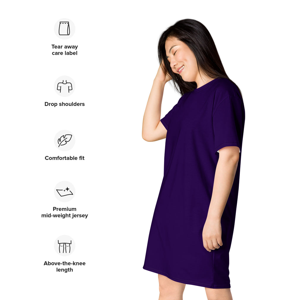 Women’s dark purple t-shirt dress in soft deep purple mid-weight jersey with drop shoulders and above-the-knee length