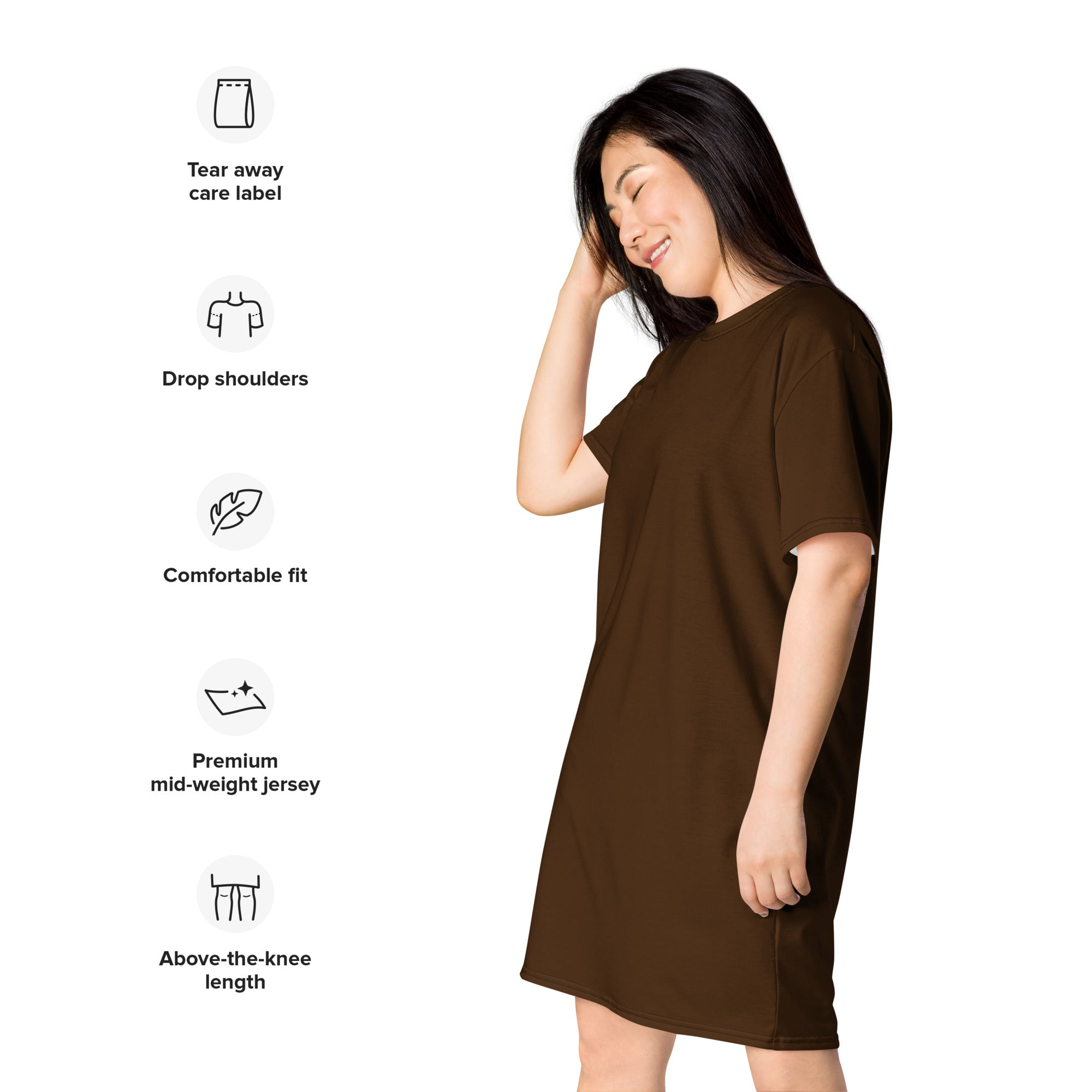 Women’s brown t-shirt dress in soft premium mid-weight jersey with drop shoulders and a comfortable fit above knee