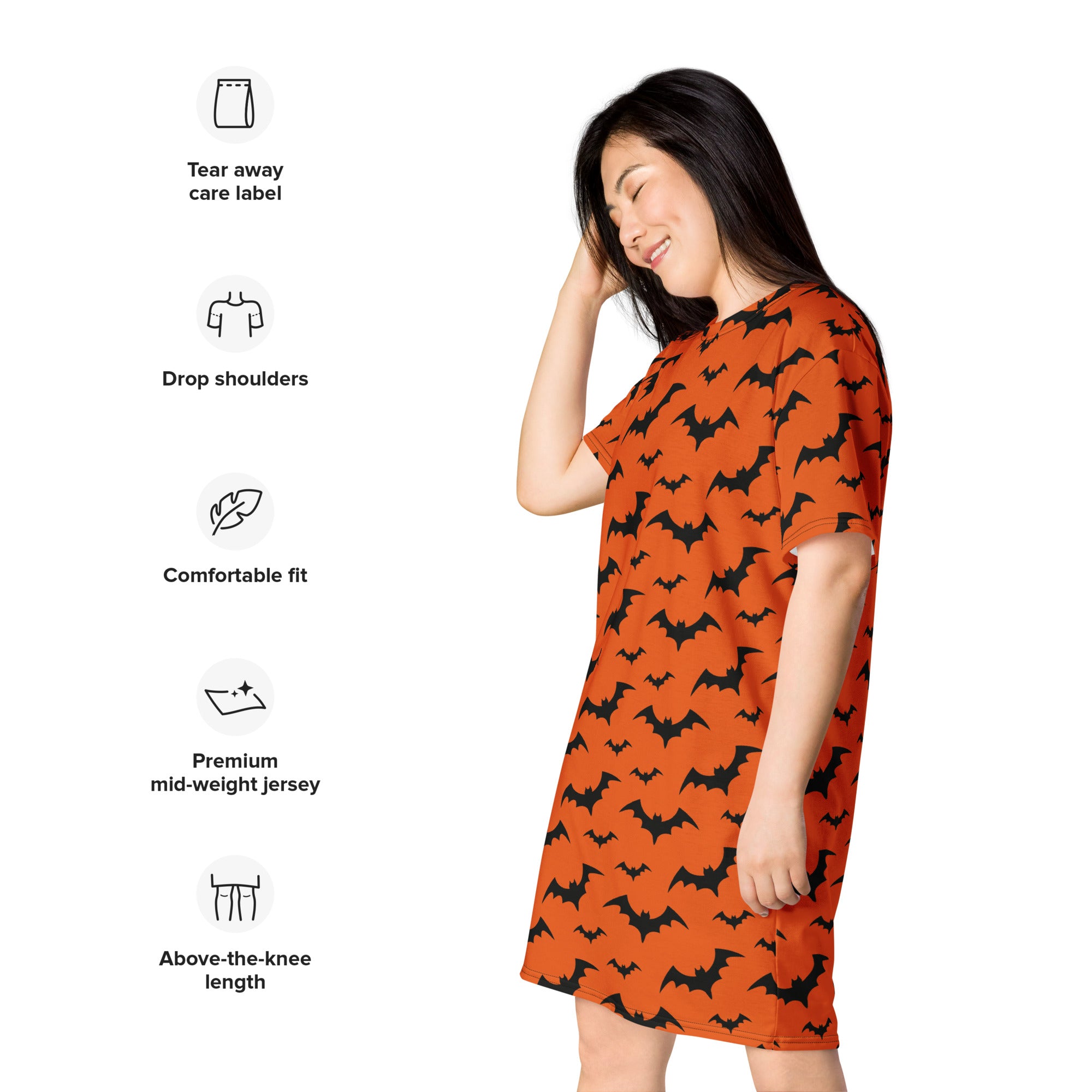 Women’s orange bats Halloween t-shirt dress with black bat prints made from premium mid-weight jersey fabric