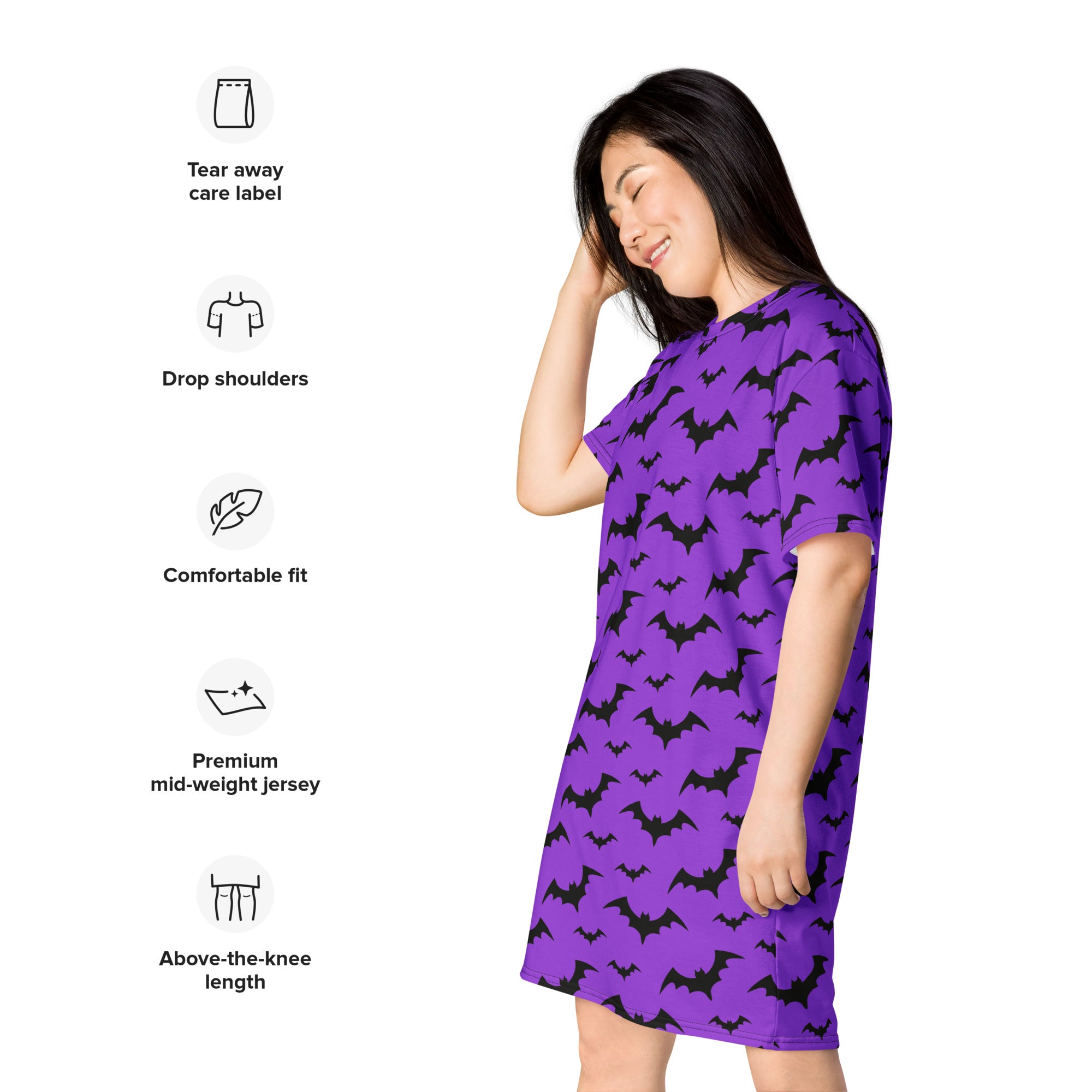 Women’s purple bats Halloween t-shirt dress with black bat pattern made from premium mid-weight jersey fabric