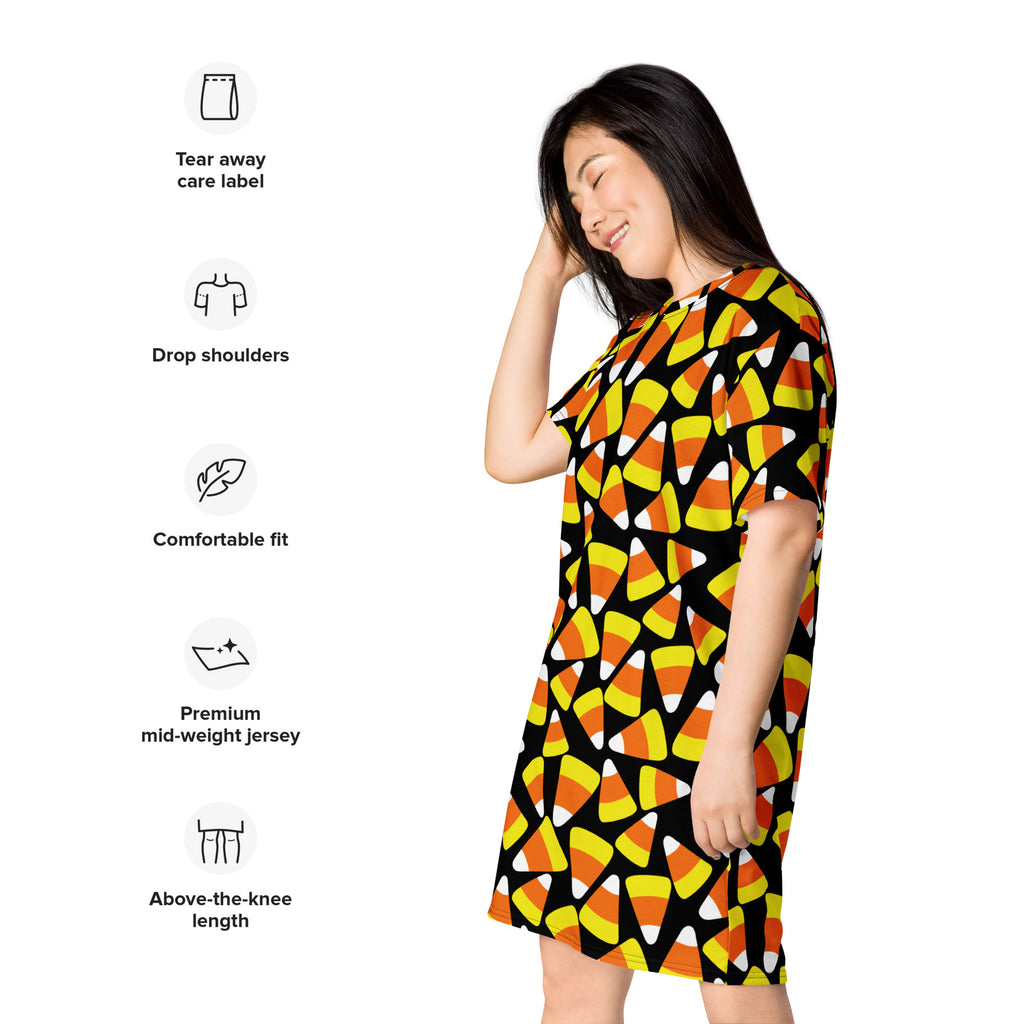 Women’s candy corn halloween t-shirt dress in black orange and yellow candy corn pattern made of premium mid-weight jersey