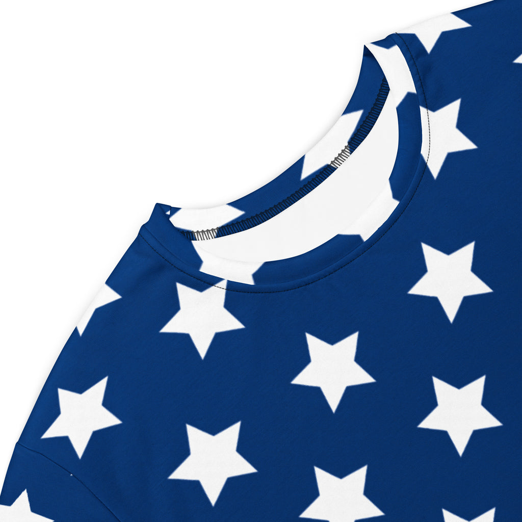 Women’s american flag t-shirt dress in blue sweatshirt fabric with white star pattern and comfortable fit