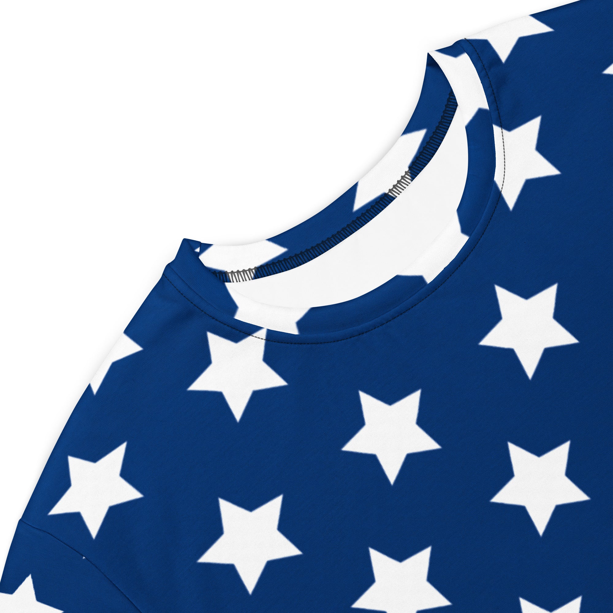 Women’s american flag t-shirt dress in blue sweatshirt fabric with white star pattern and comfortable fit