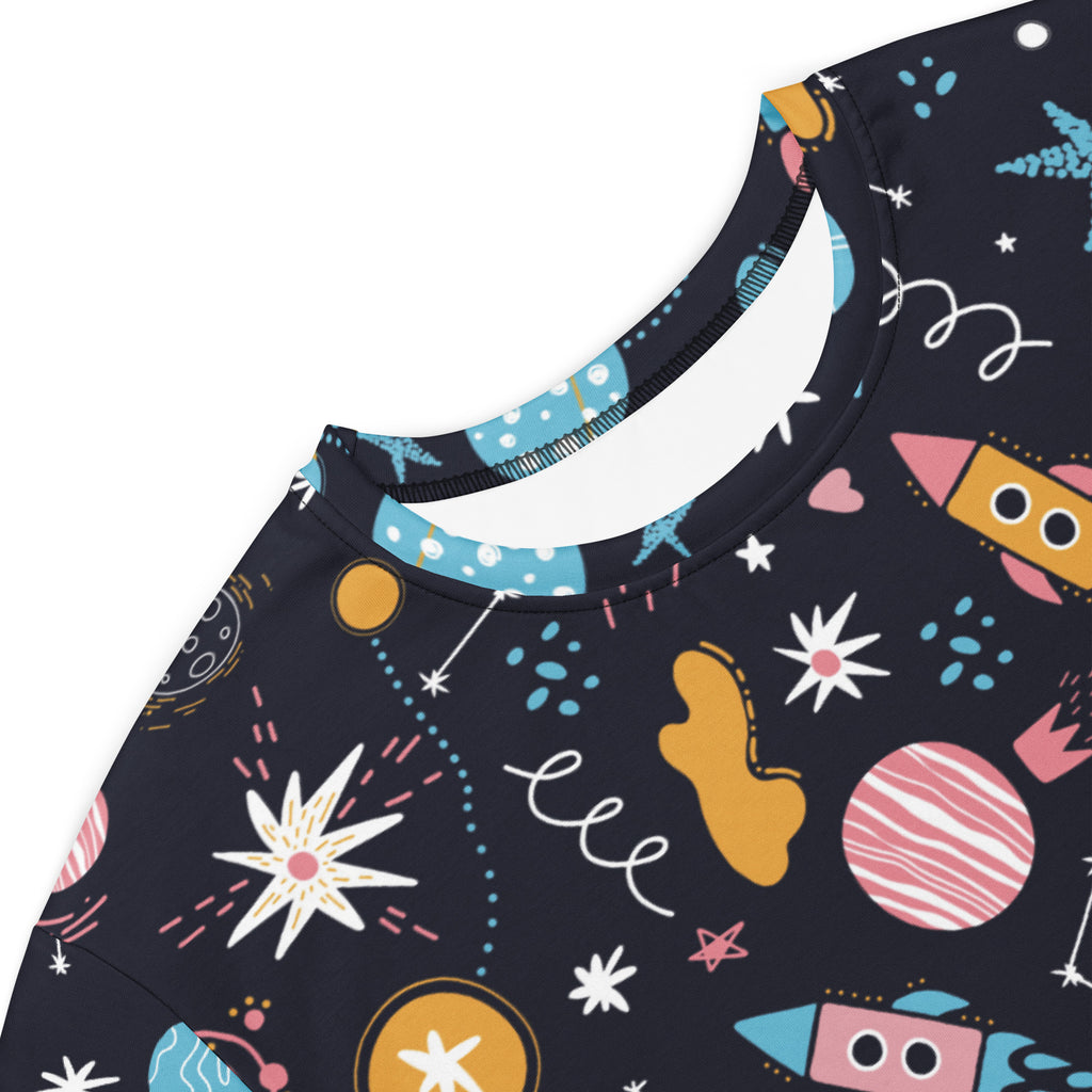 Women’s outer space t-shirt dress navy blue long-sleeved top with colorful rockets planets and stars print