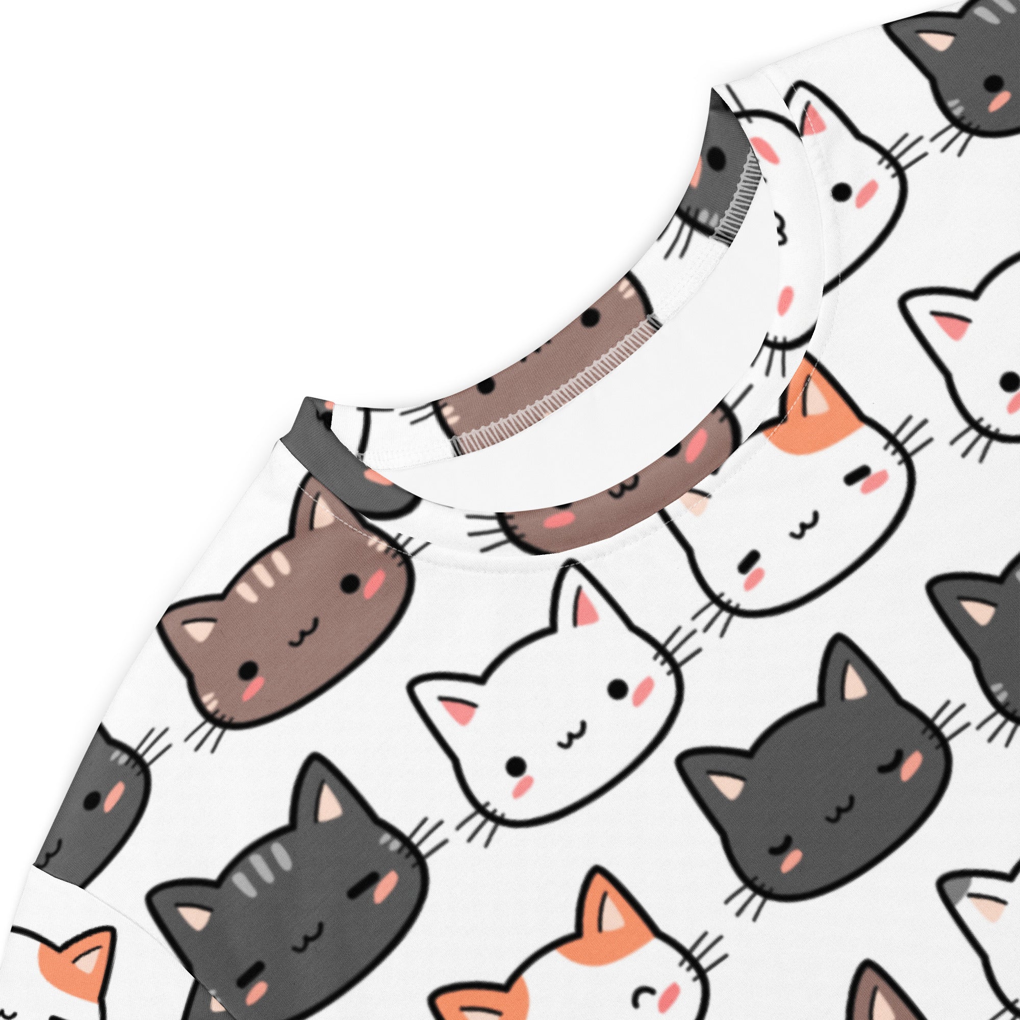 White women’s cute cat t-shirt dress with playful multi-colored cartoon cats pattern and simple facial expressions