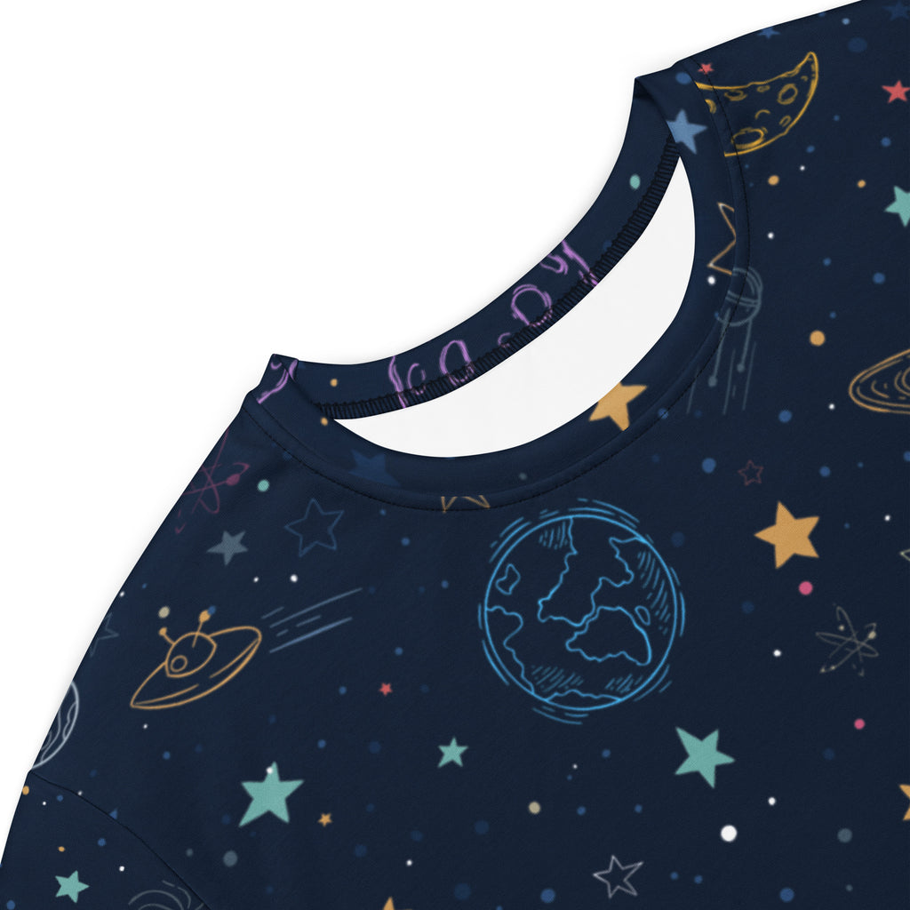 Women’s colorful galaxy space t-shirt dress navy blue long-sleeved top with pastel stars planets and ufos print