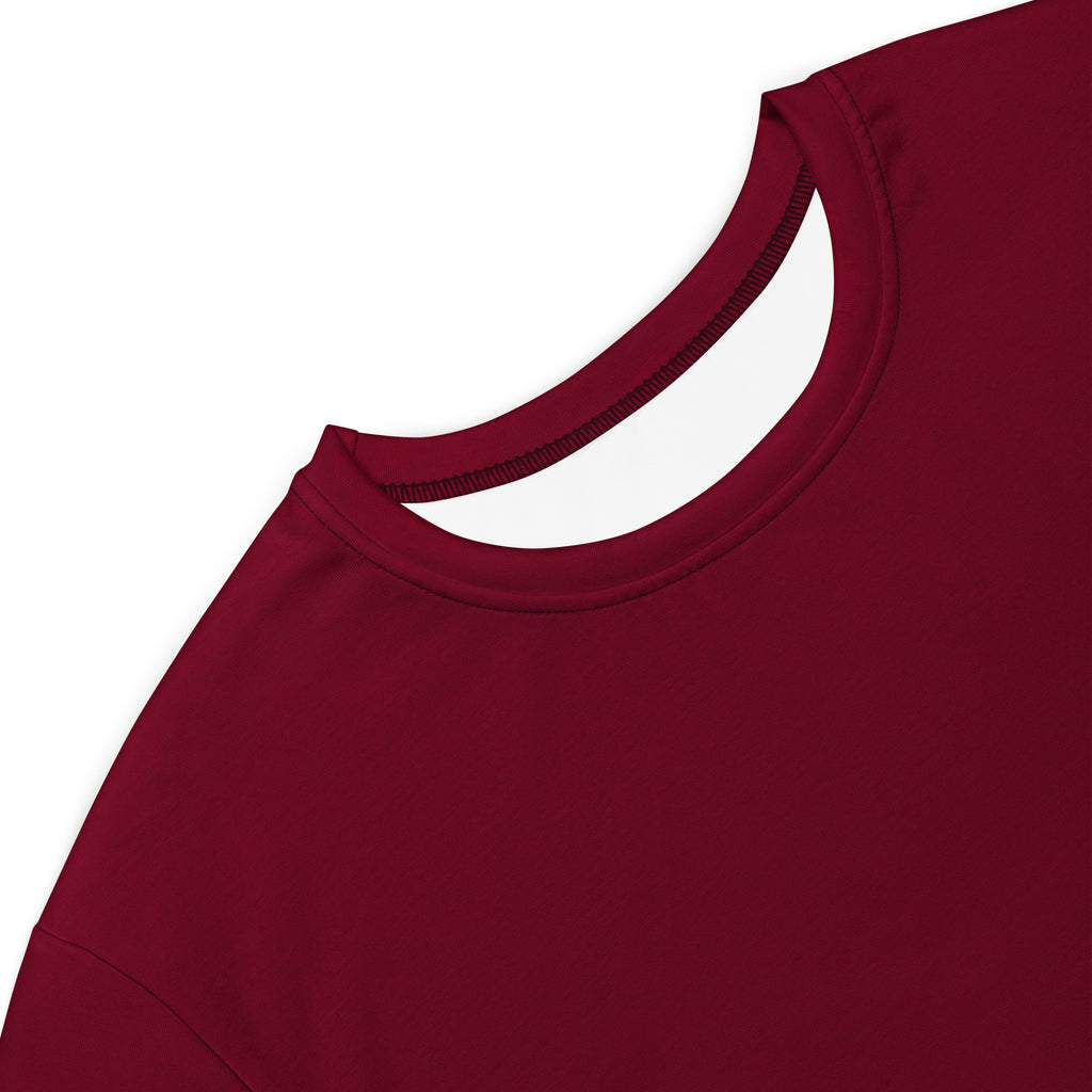Women’s burgundy cotton t-shirt dress with ribbed crew neck and comfortable casual fit