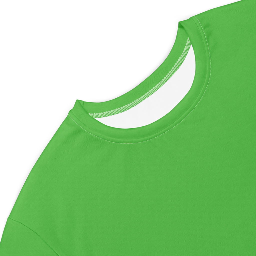 Women’s green t-shirt dress made of bright green smooth fabric with a crewneck and neatly stitched neckline