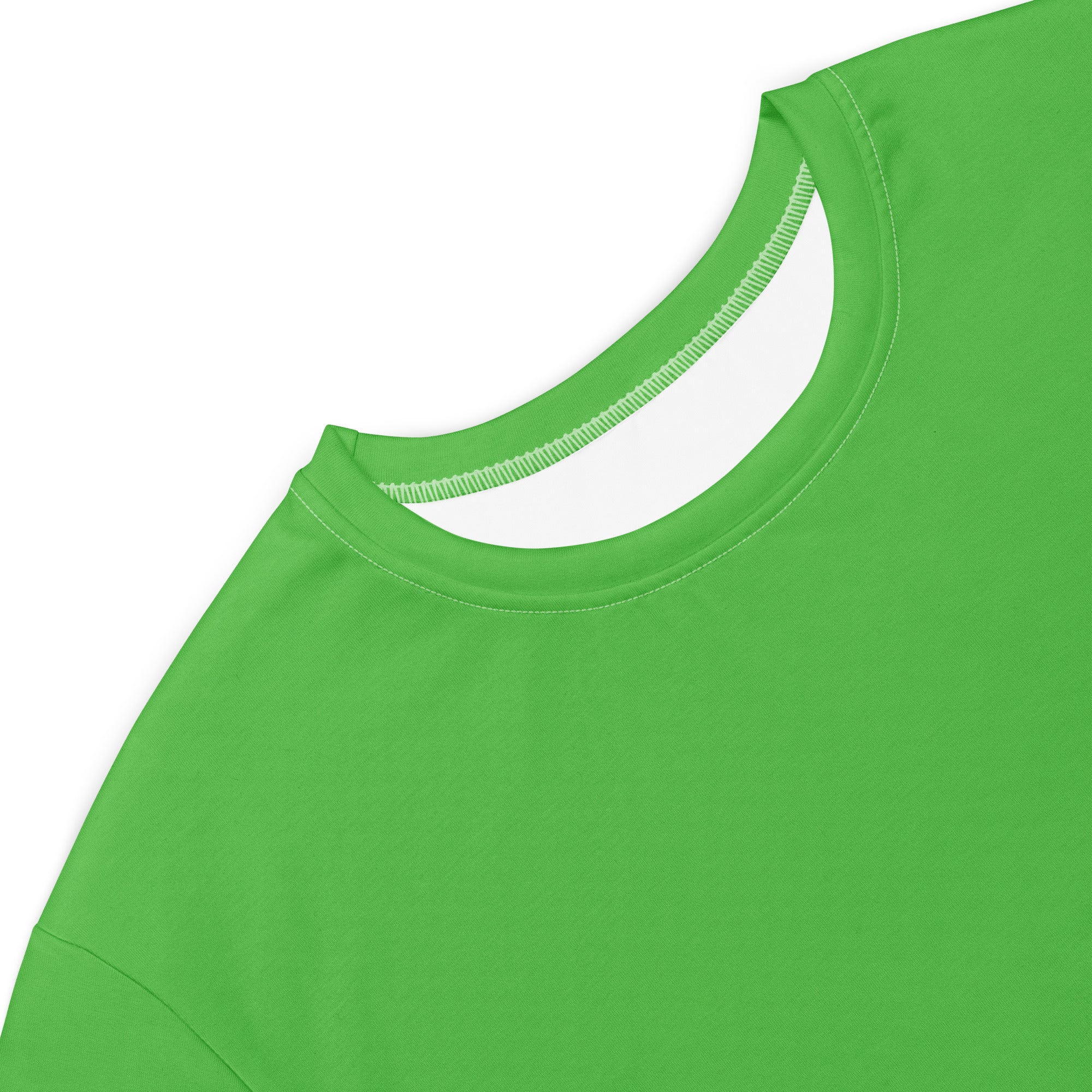 Women’s green t-shirt dress made of bright green smooth fabric with a crewneck and neatly stitched neckline