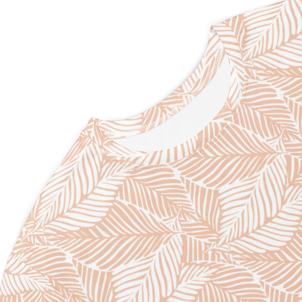 Women’s beige palm leaf t-shirt dress in soft peach with white leaf pattern and delicate striped detailing