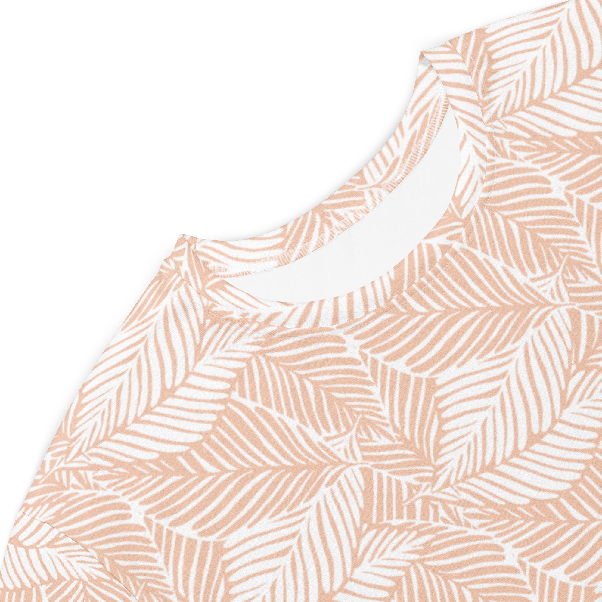 Women’s beige palm leaf t-shirt dress in soft peach with white leaf pattern and delicate striped detailing