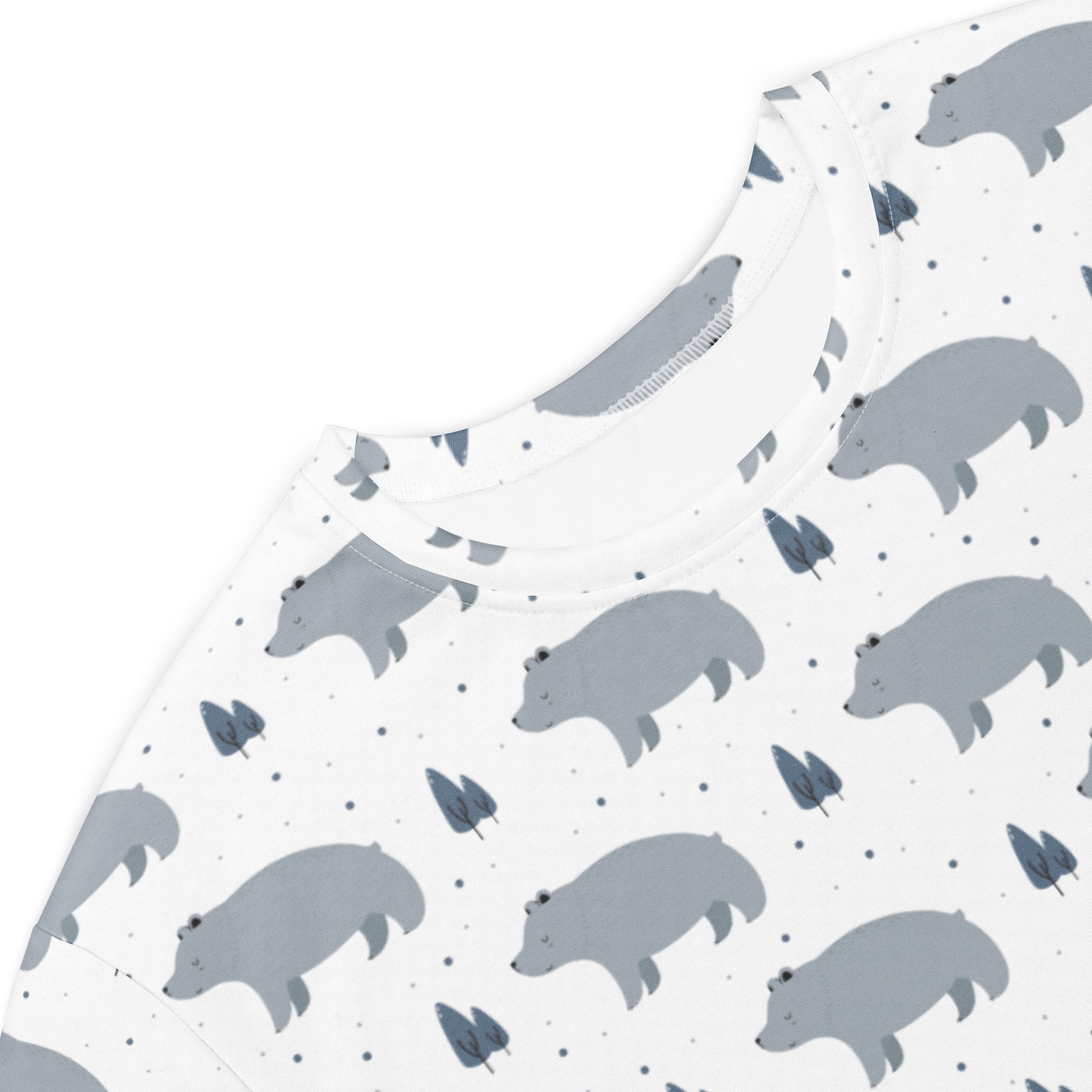 White long-sleeved women’s bear print t-shirt dress with gray bears and dark blue trees playful pattern