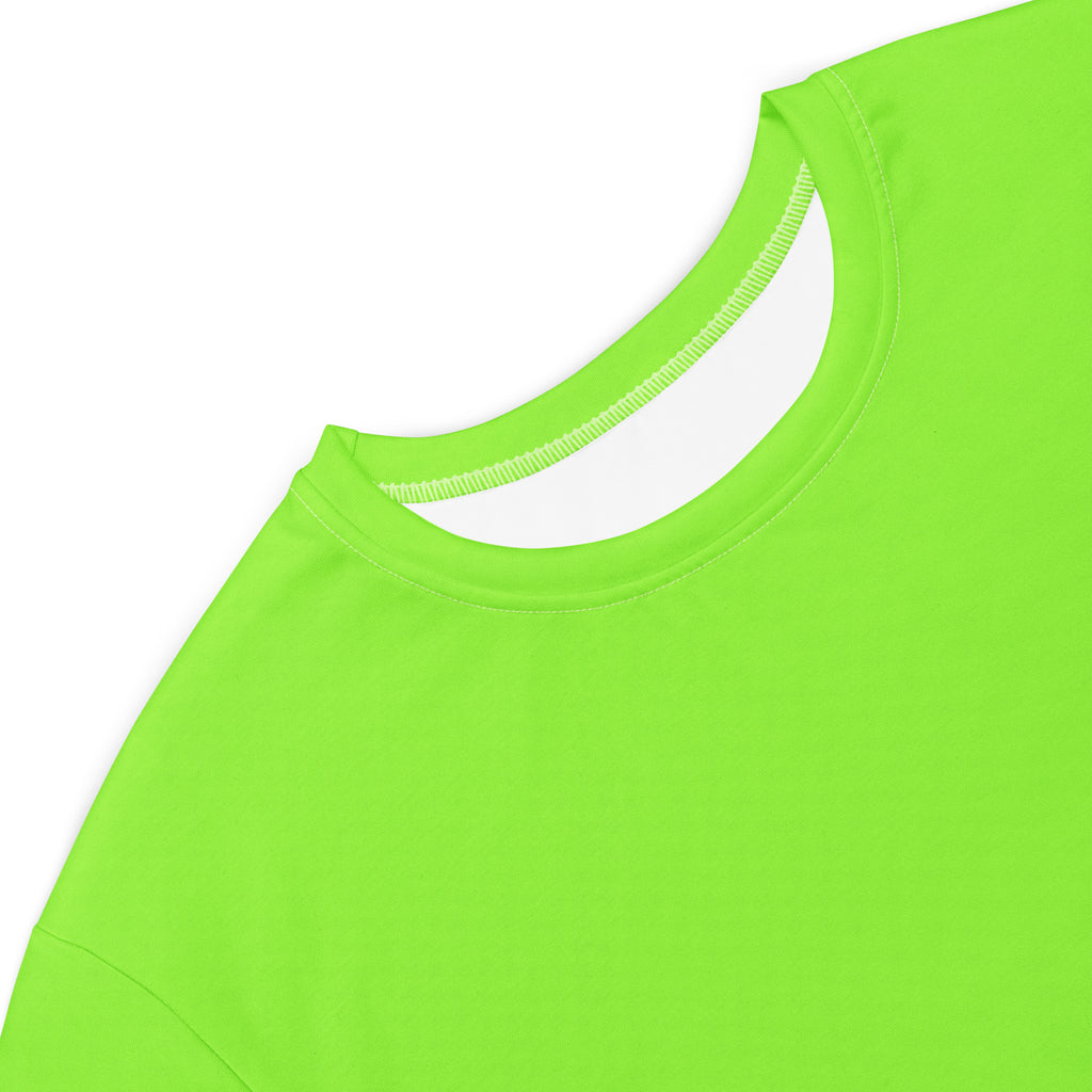 Women’s lime green t-shirt dress with bright neon green crew neck and smooth stretchy fabric finish