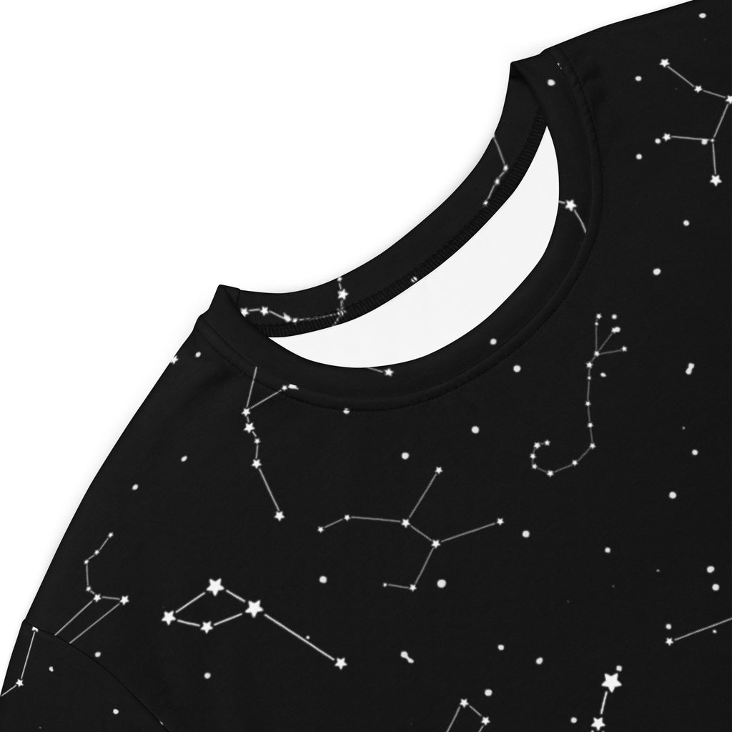 Black short sleeved t-shirt dress with white realistic constellation and star pattern for women