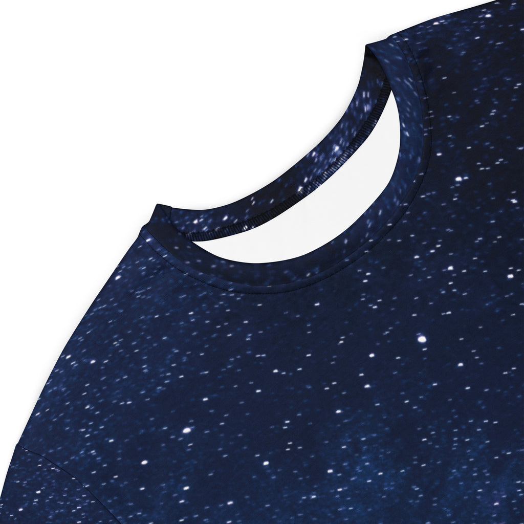 Navy blue women’s realistic galaxy t-shirt dress with starry night sky print featuring white and light blue speckles
