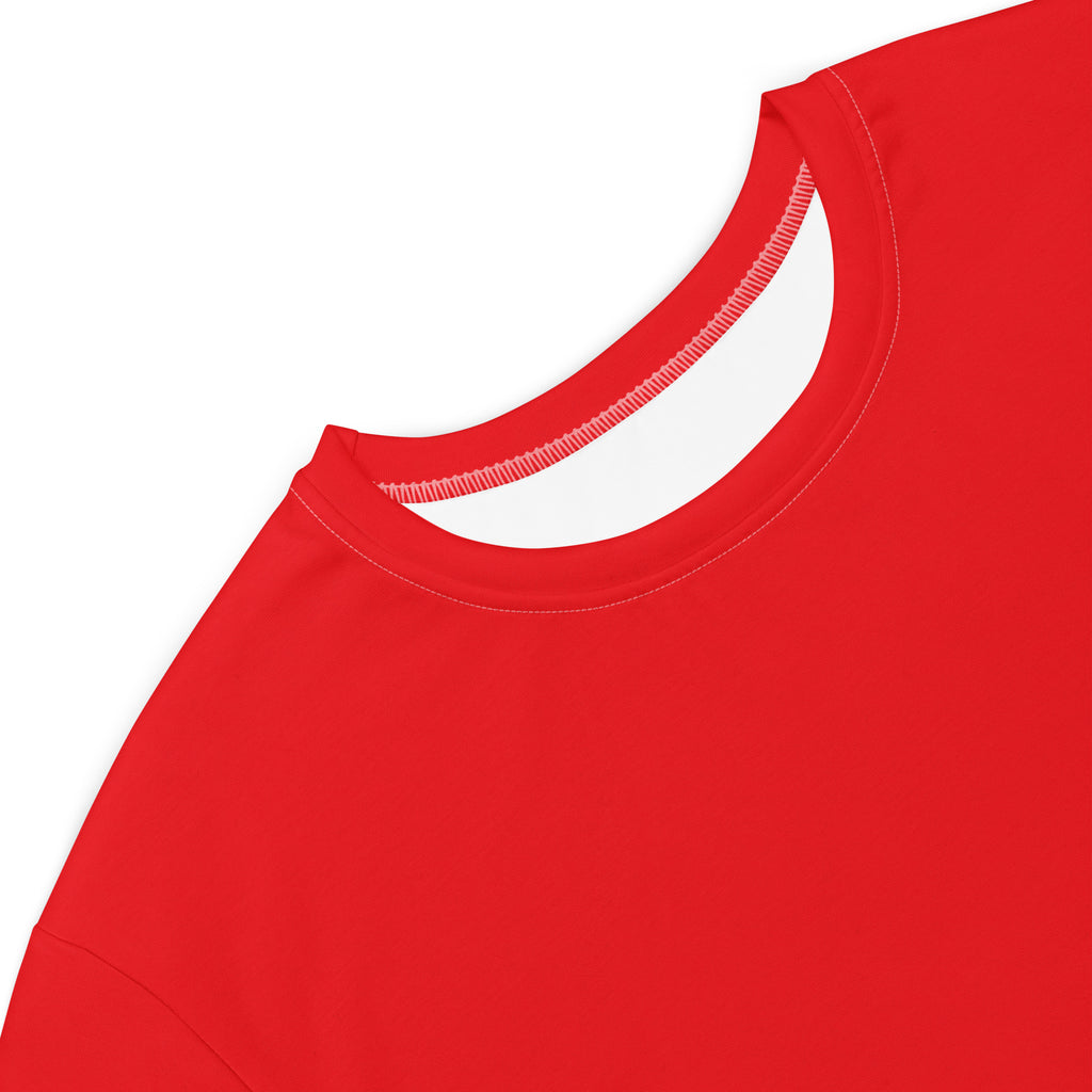Women’s red t-shirt dress made of vibrant cotton with a neat crew neck and contrasting white inner lining