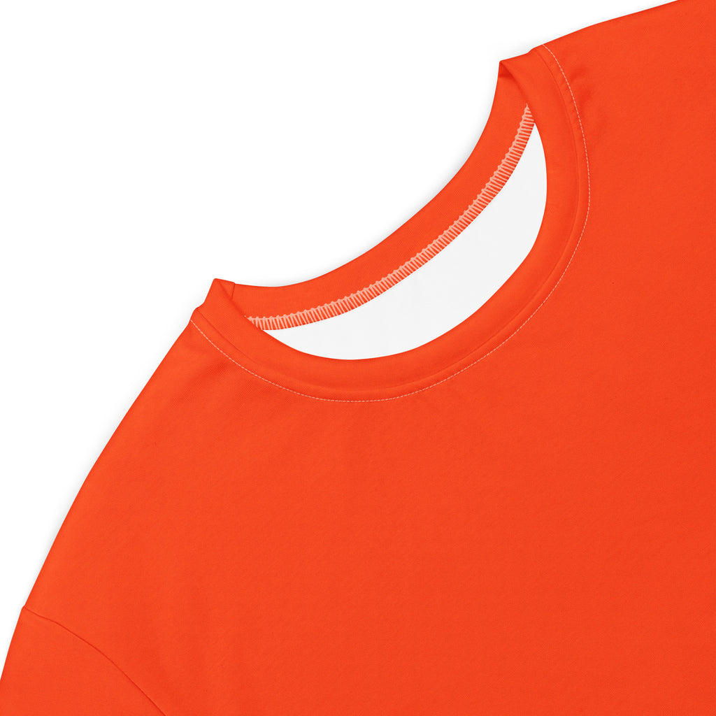 Women’s orange t-shirt dress featuring a bright orange crewneck t-shirt with white inner lining and neatly stitched seams
