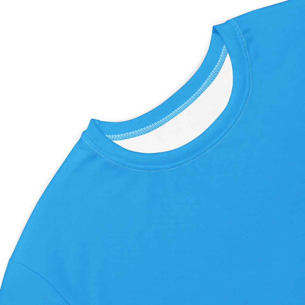 Women’s sky blue t-shirt dress in bright blue with smooth texture and neatly stitched crew neck