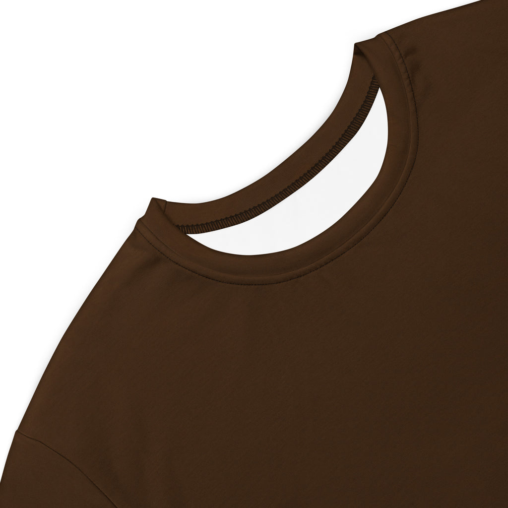 A close-up of a soft brown women’s t-shirt dress with a neatly stitched crew neckline