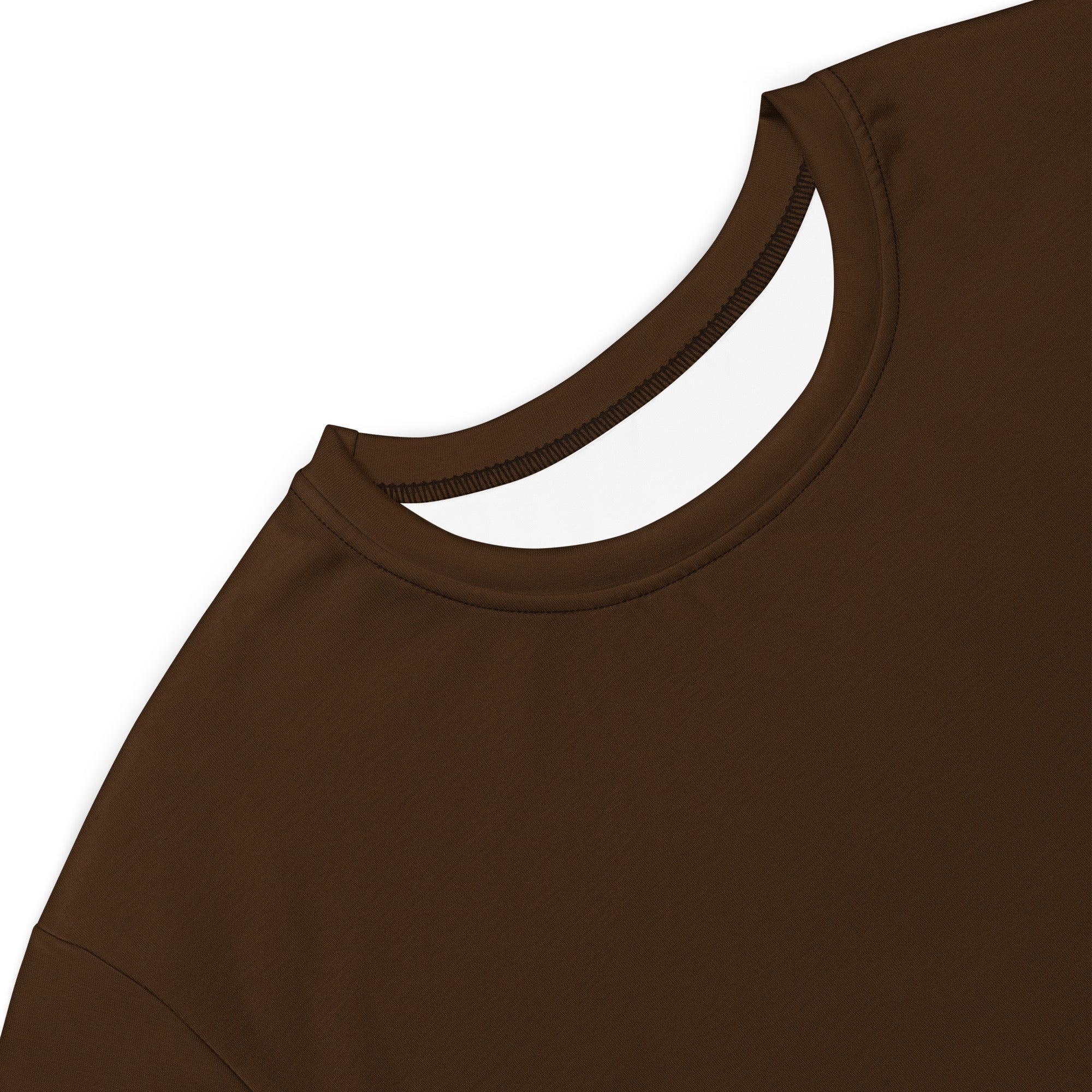 A close-up of a soft brown women’s t-shirt dress with a neatly stitched crew neckline