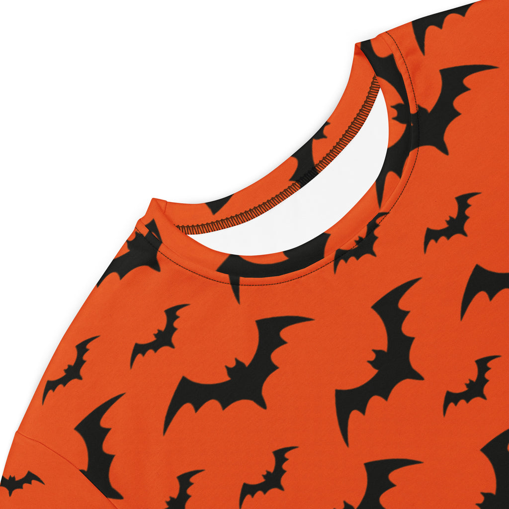 Women’s orange halloween t-shirt dress with black bat prints perfect for festive fall celebrations
