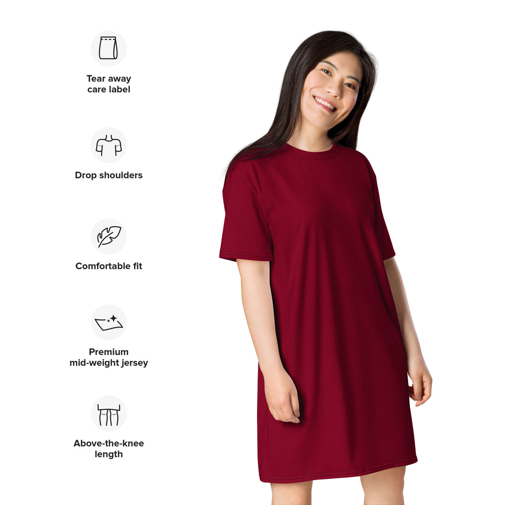 A women’s burgundy t-shirt dress in soft mid-weight jersey fabric with drop shoulders and above-the-knee length