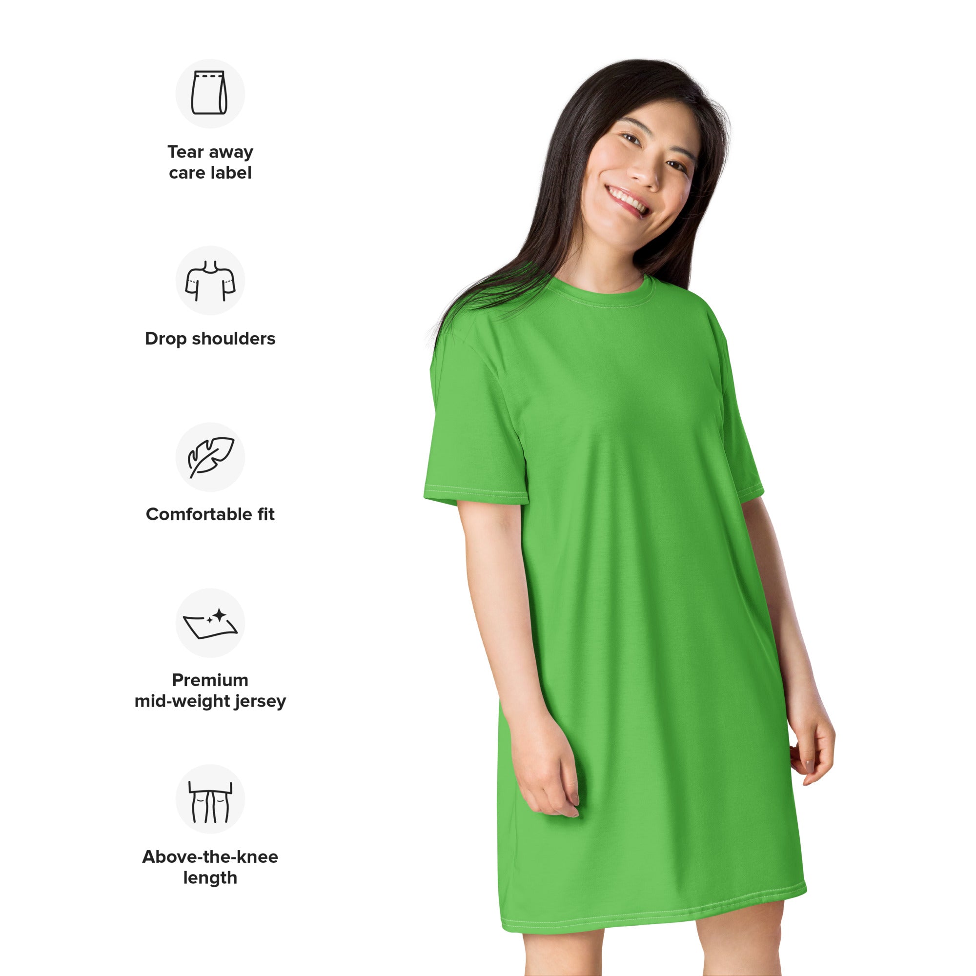 Women’s bright green short-sleeved t-shirt dress with drop shoulders and above-the-knee length