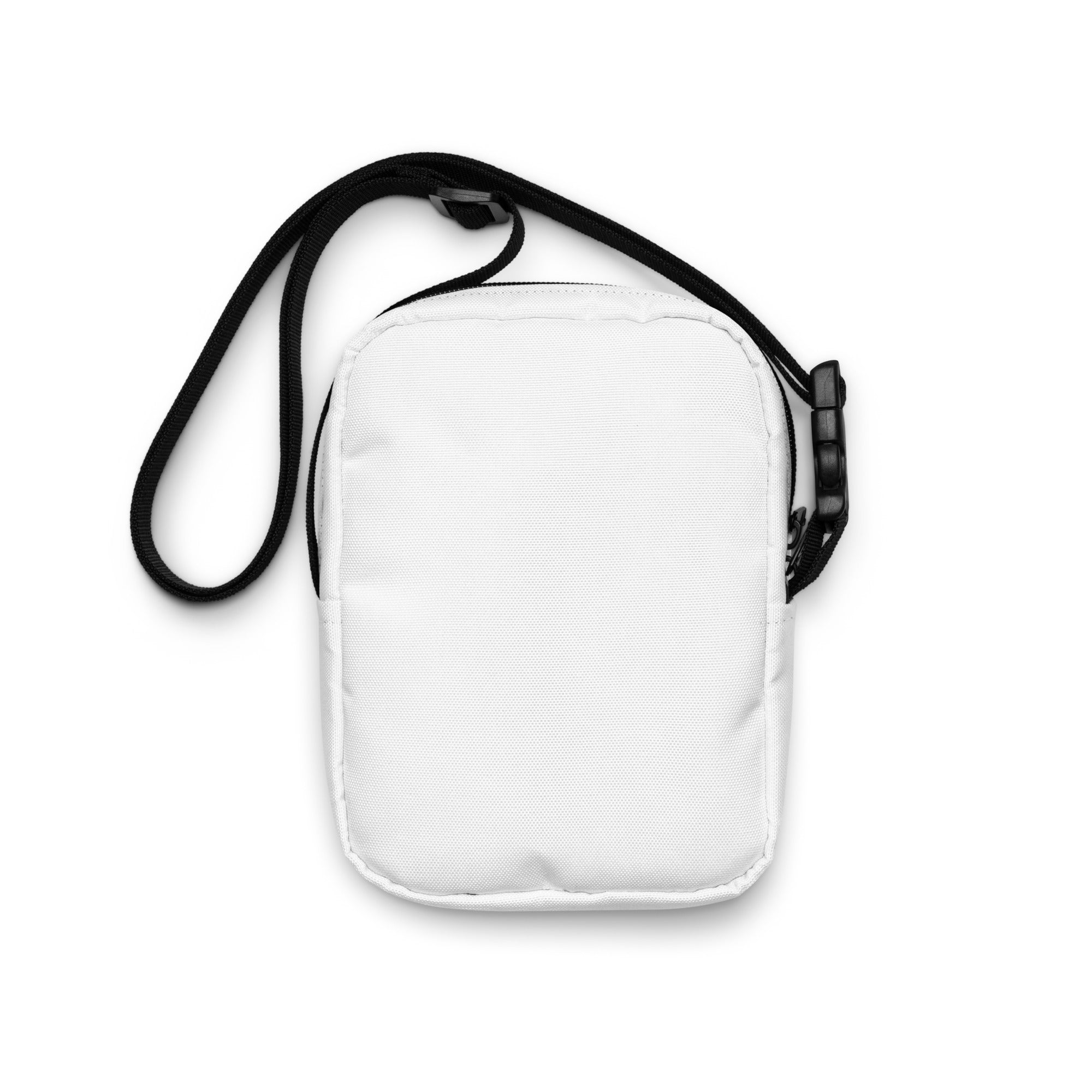 White rectangular crossbody bag with black adjustable strap and plastic buckle for girls who love dogs