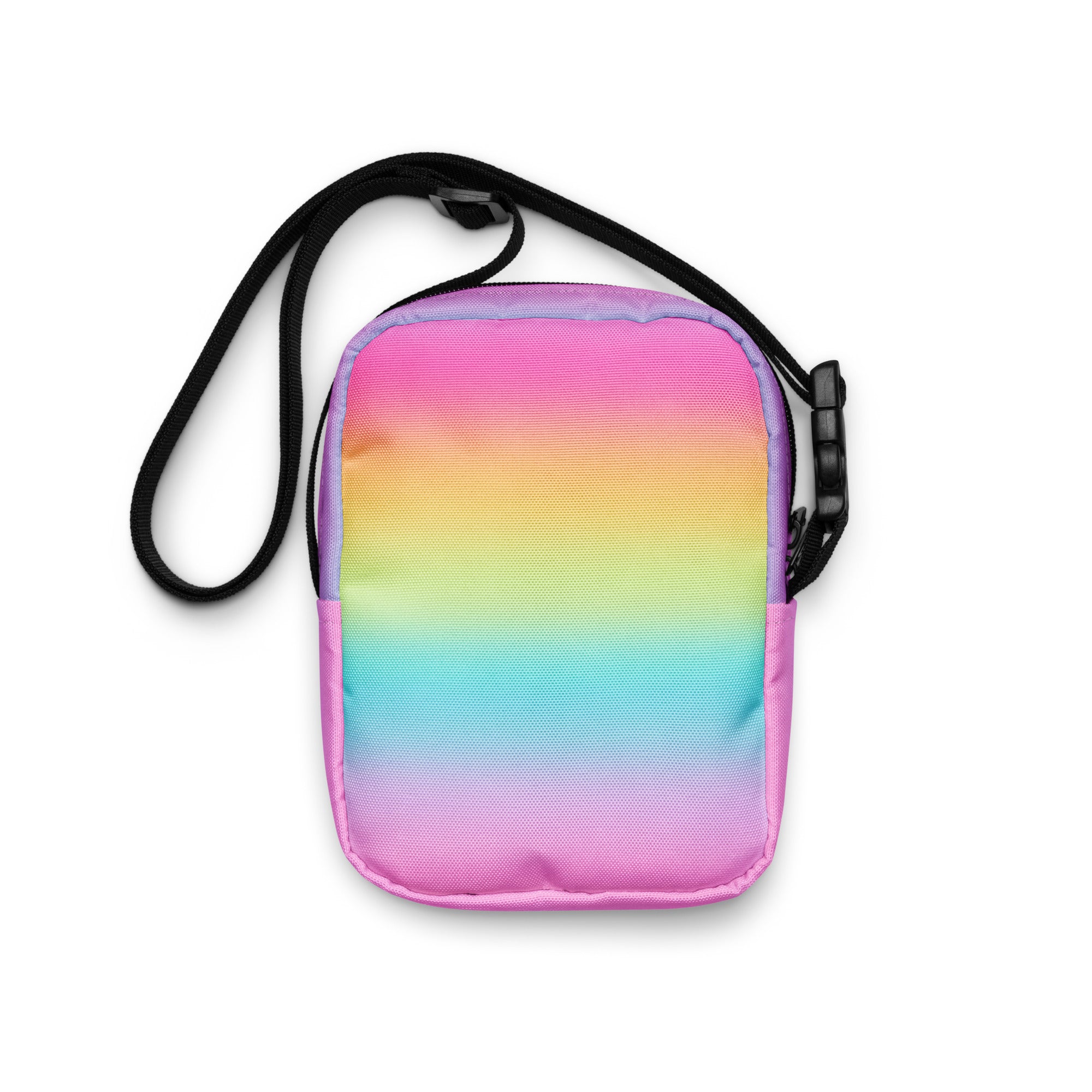Girls bright rainbow crossbody purse with a vibrant rainbow gradient soft fabric body and black adjustable strap