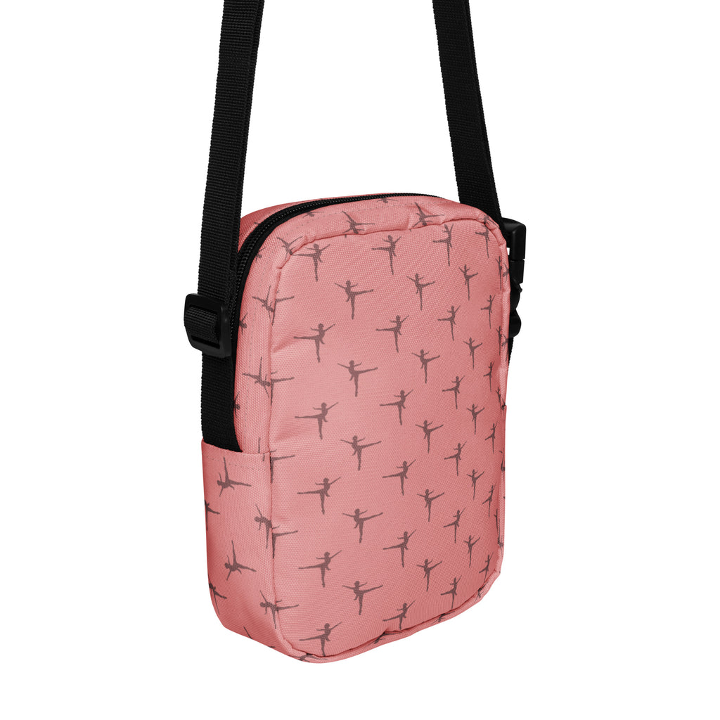 Girls ballet dancer crossbody purse in pink fabric with black ballet dancer silhouettes and matching adjustable strap