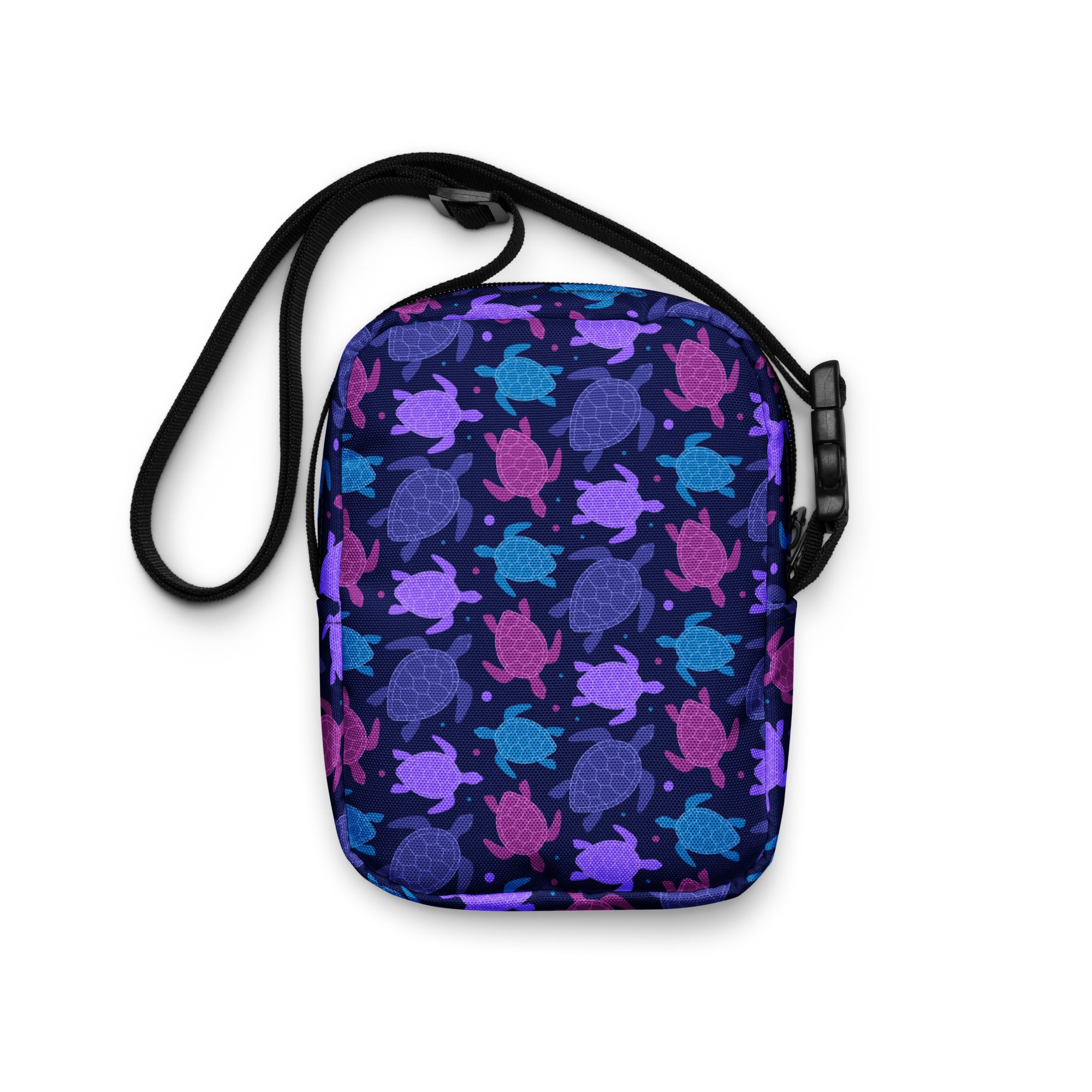 Girls purple sea turtle crossbody purse in navy blue with vibrant purple and teal sea turtle pattern for everyday use