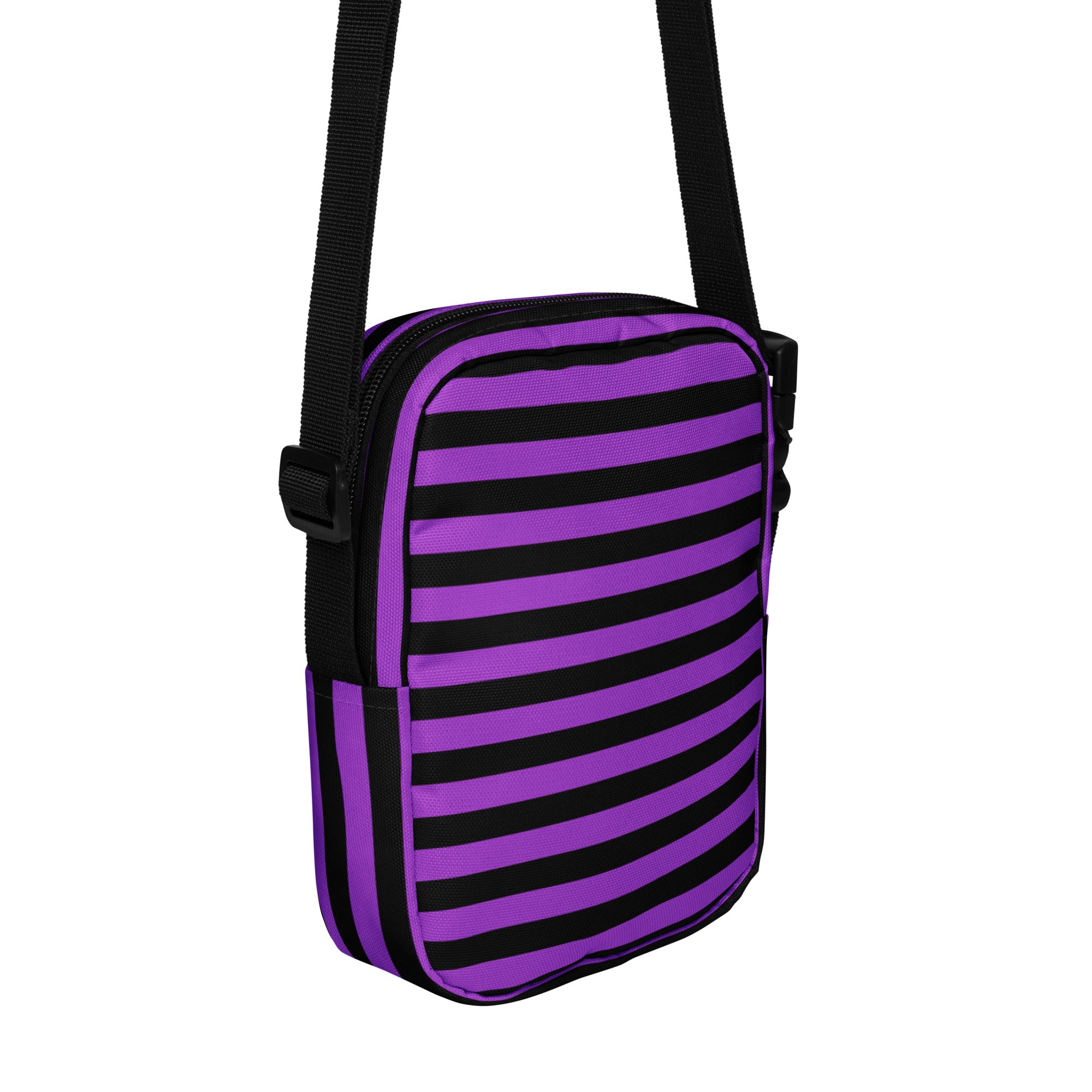 Girls purple and black striped Halloween crossbody purse with durable fabric body and adjustable strap