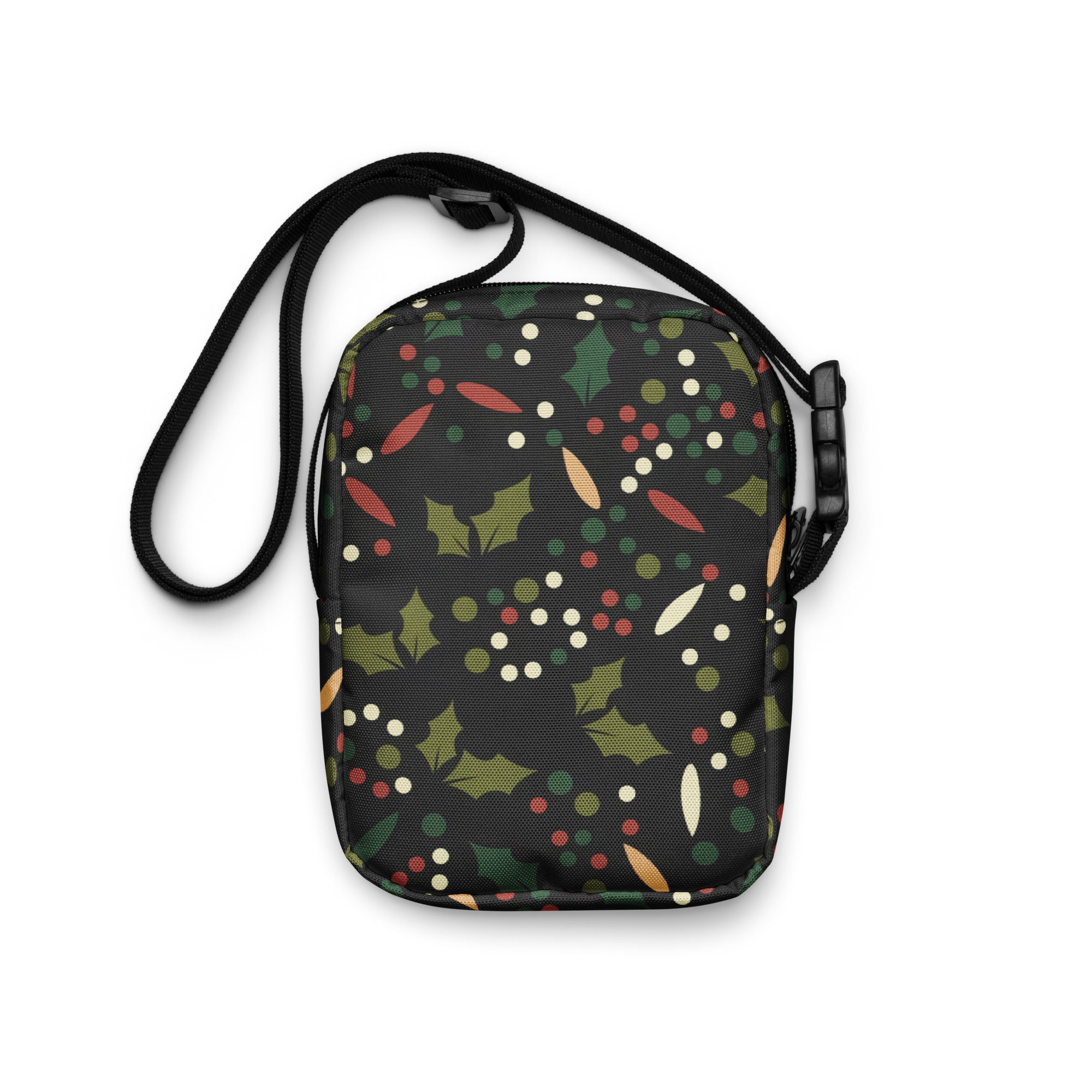 Black girls christmas holly crossbody purse with festive green holly leaves red and white berries pattern