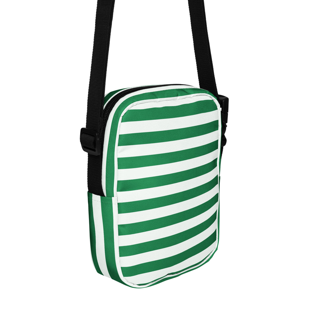 Green and white candy stripe crossbody purse with black adjustable strap for women’s Christmas accessories