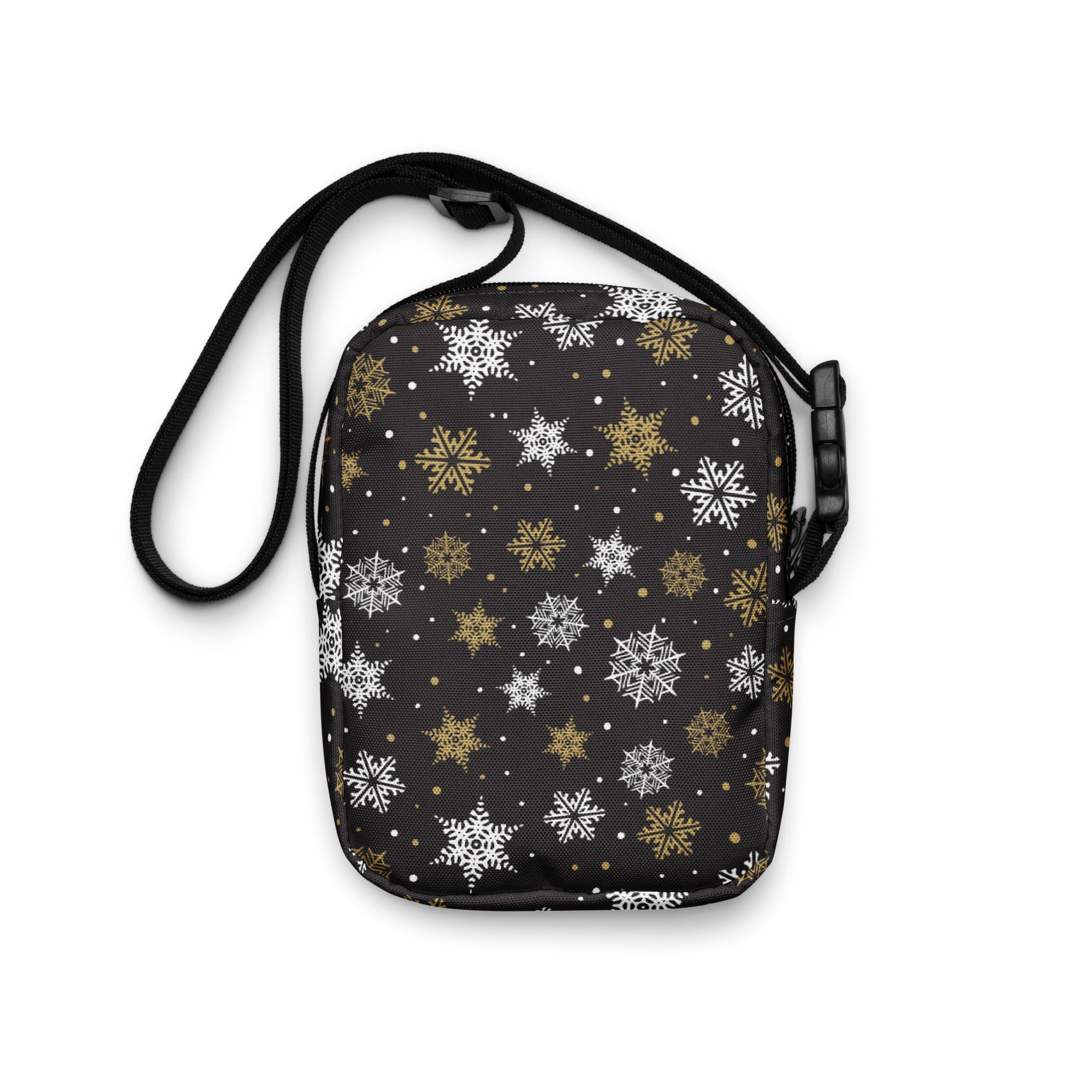 Girls black crossbody purse with festive white and gold snowflake pattern ideal for holiday use