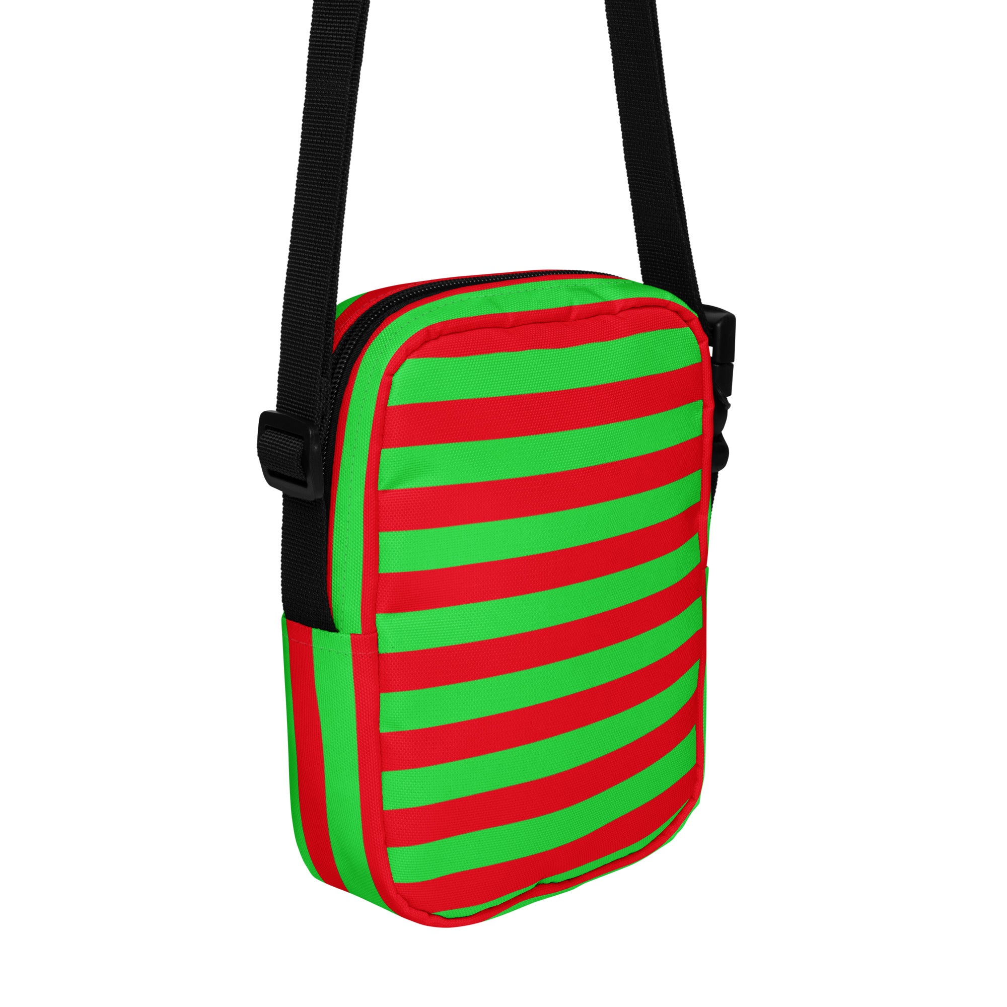 A vibrant red and neon green striped Christmas crossbody purse with a black adjustable strap for women