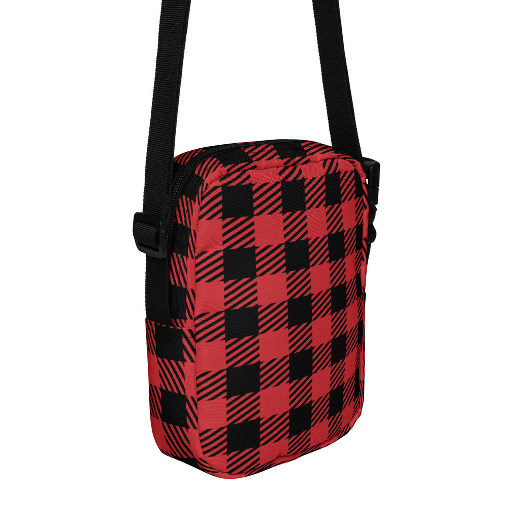 Girls red plaid Christmas crossbody purse with red and black plaid pattern and adjustable strap for easy carrying