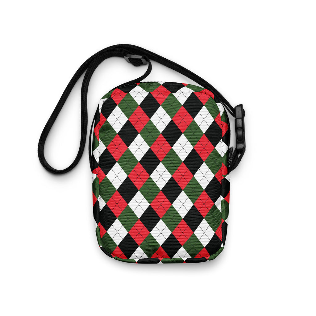 Christmas argyle women’s crossbody purse with red green and black argyle pattern and adjustable black strap