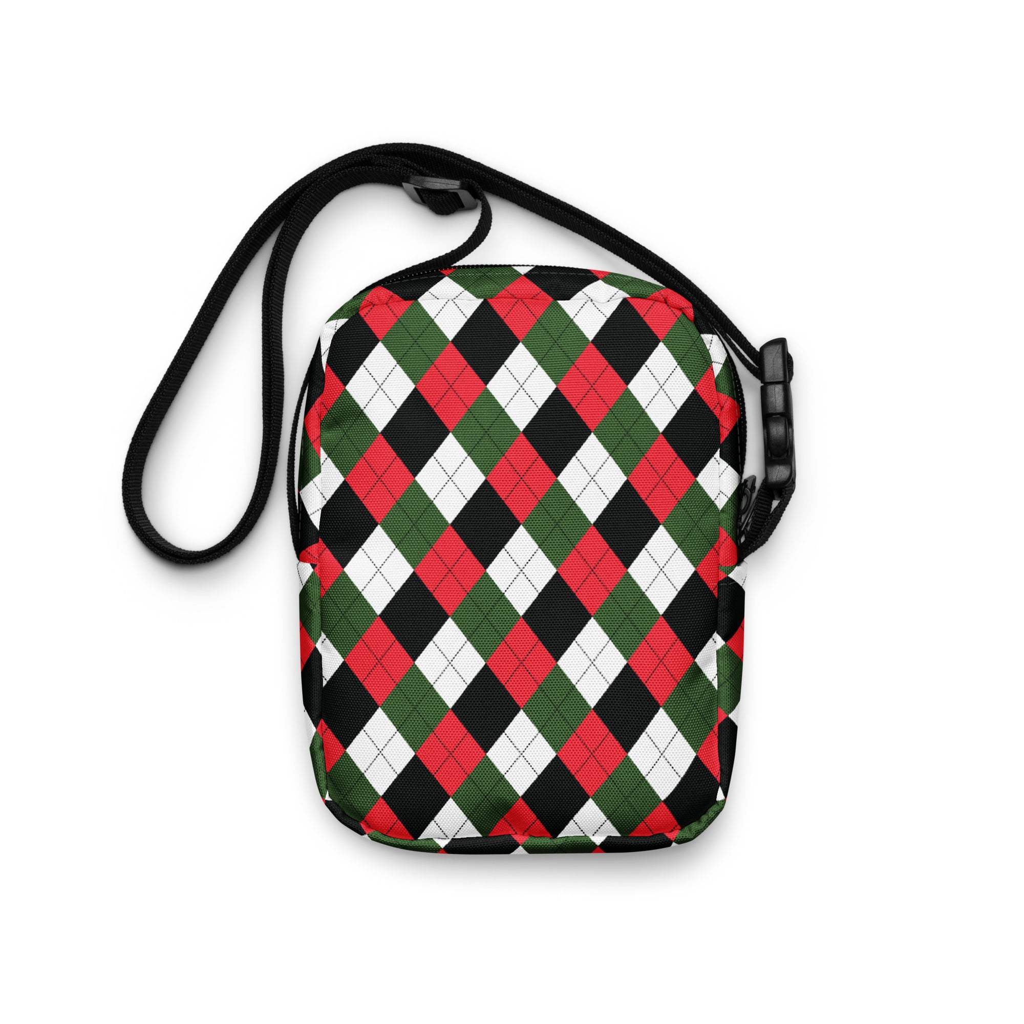 Christmas argyle women’s crossbody purse with red green and black argyle pattern and adjustable black strap