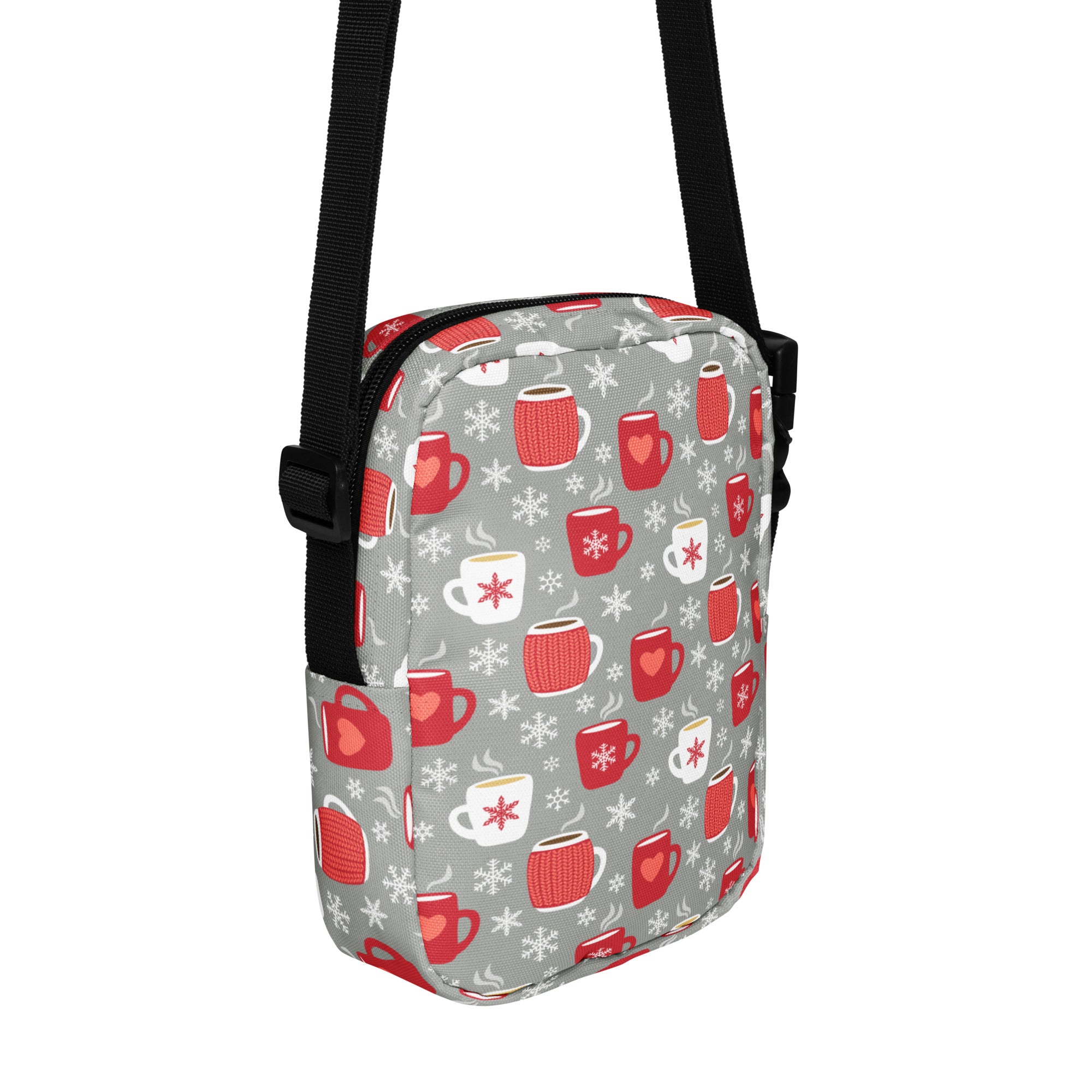 Gray crossbody bag with festive red and white mug and snowflake pattern cozy winter mugs christmas purse
