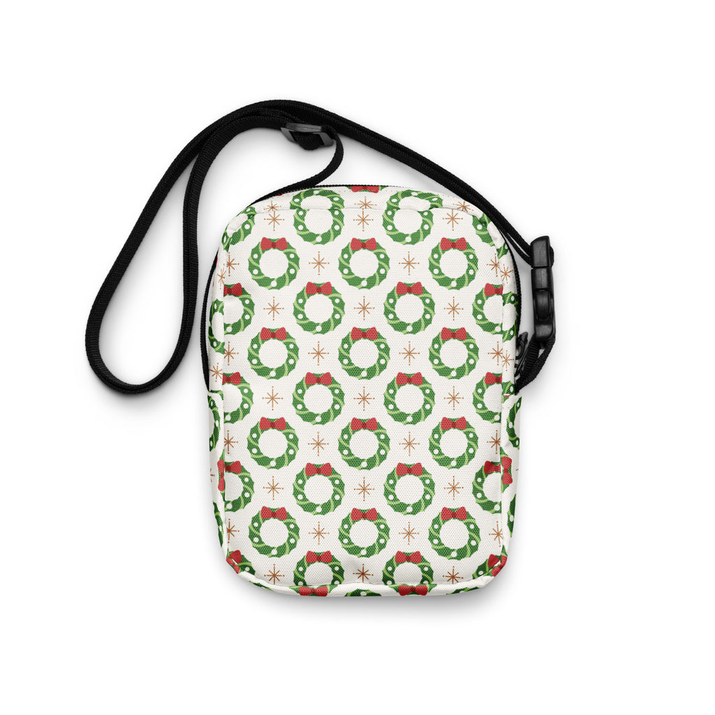 Christmas wreath women’s white crossbody purse with green wreath pattern red bows and small star motifs