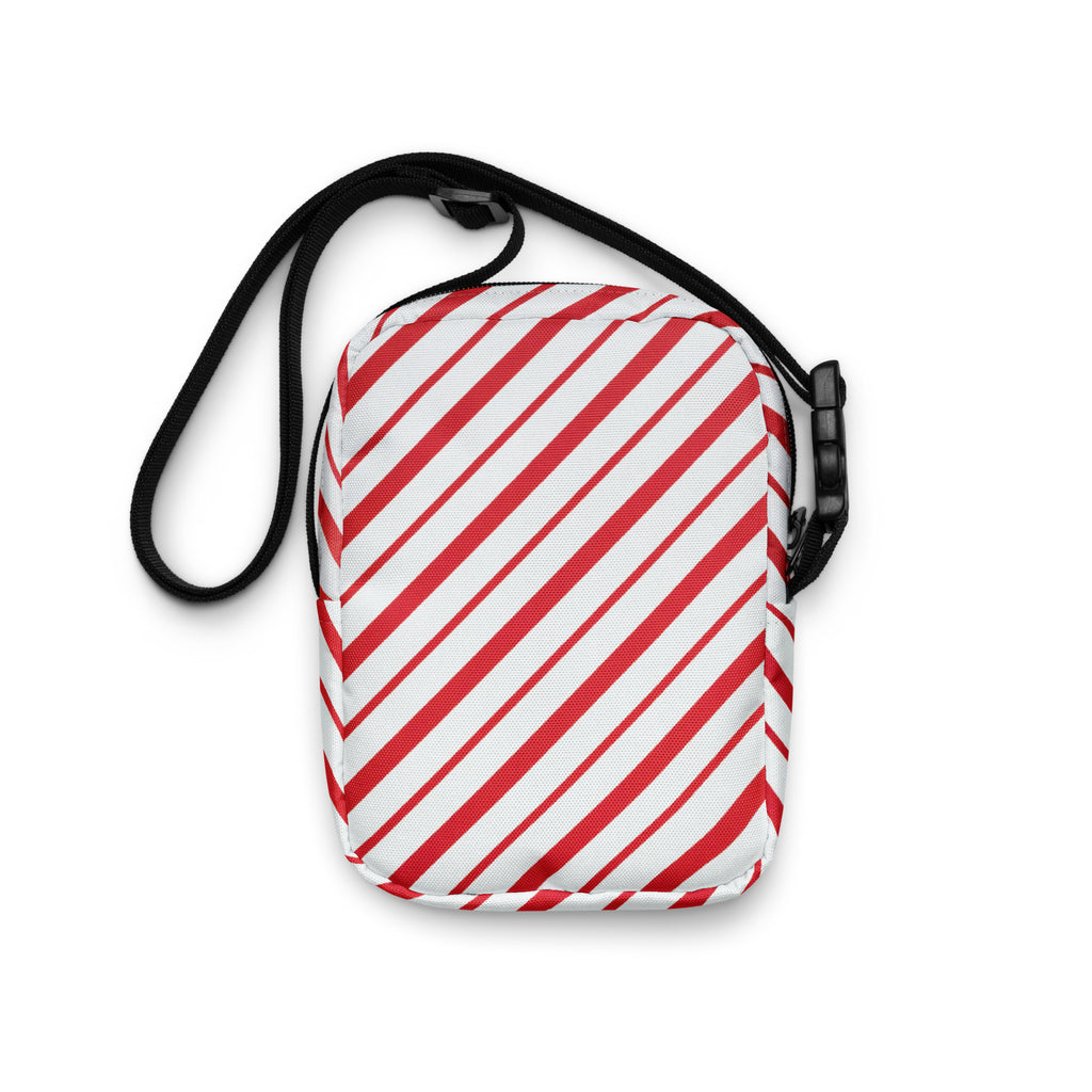 Red candy stripe christmas women’s crossbody purse with red and white canvas and black adjustable strap